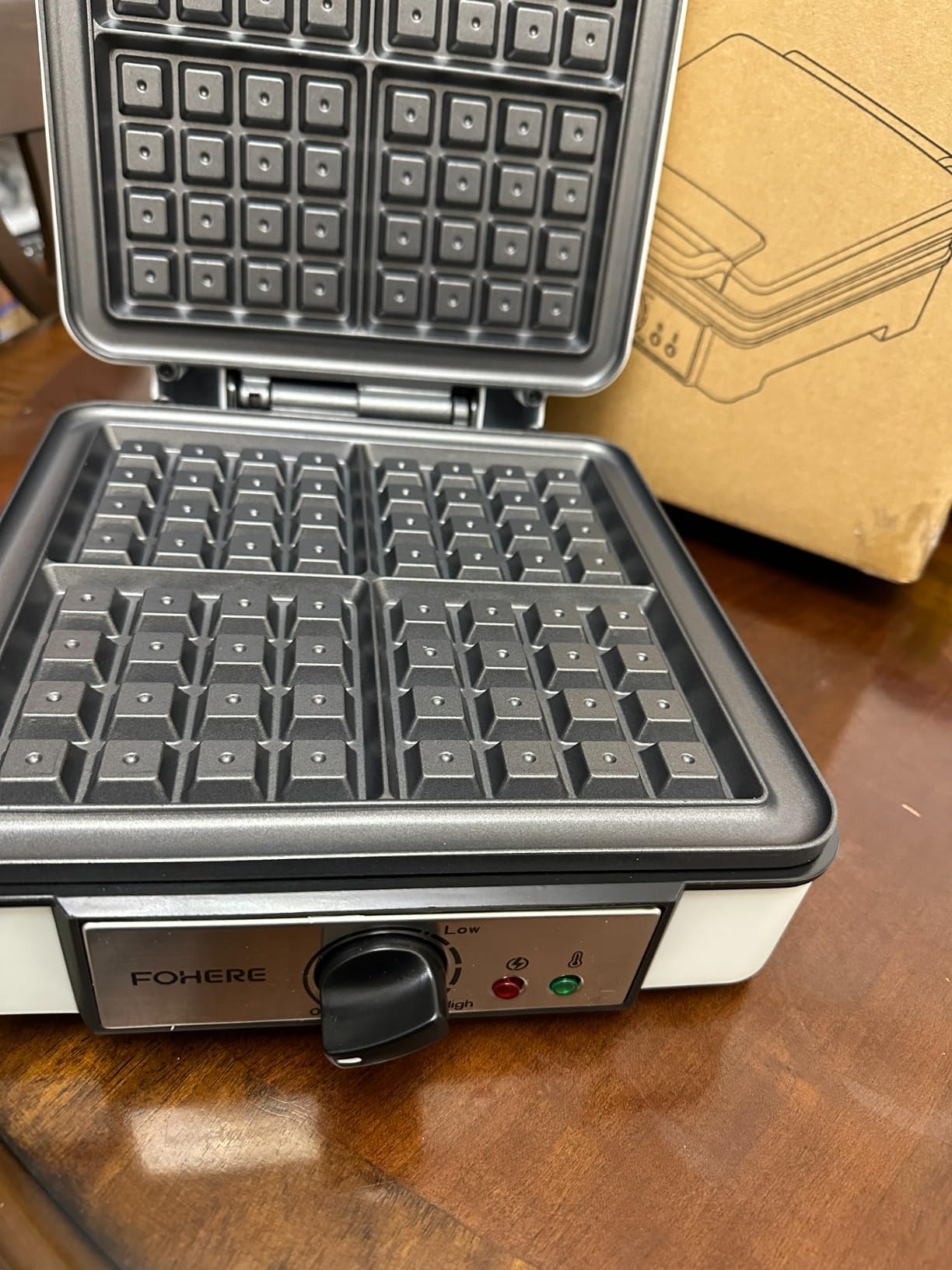 FOHERE Waffle Maker 4 Slices, 1200W Square Waffle Iron, 5 Browning Levels, Nonstick Plates, Cool-touch Handle, Anti-scald, Anti-overflow, Indicator Lights, Recipe, White (Large) customer photo 1