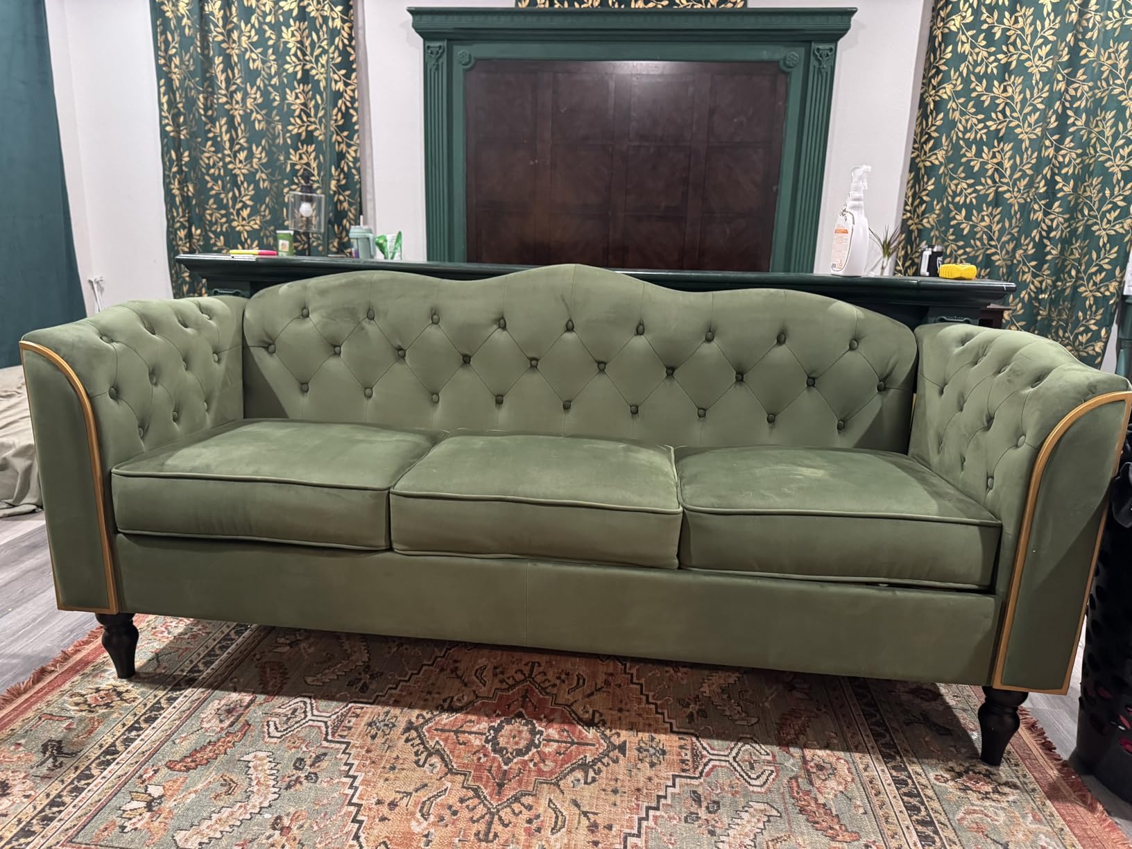 HITHOS 78 Velvet Sofa Couch, Soft 3 Seater Sofa Couche for Living Room, Button Tufted Comfy Couch Modern Sofa with Upholstered Cushion, Gold Trim, Solid Wood Legs for Dorm Bedroom Apartment, Green customer photo 2