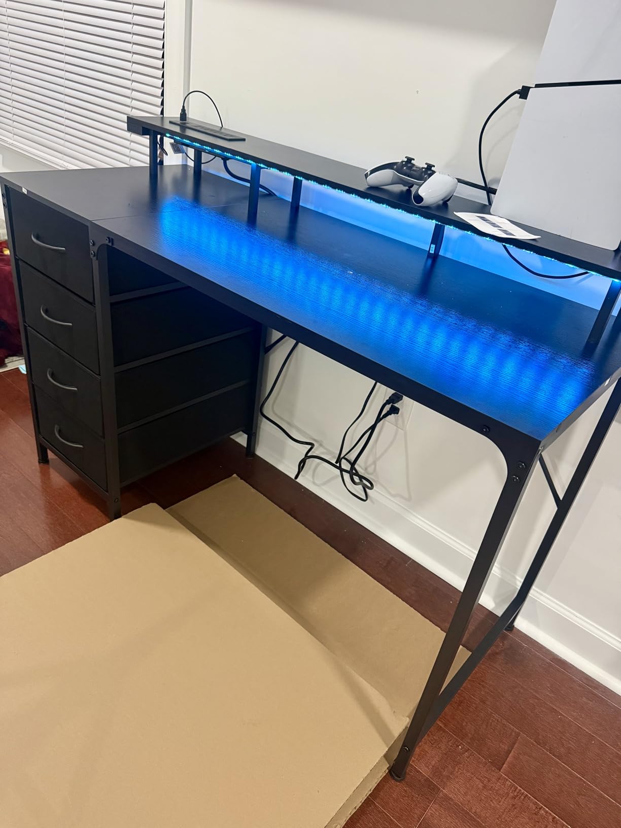 Huuger 47 Inch Computer Desk with Power Outlets and LED Lights, Gaming Desk with 4 Drawers, Office Desk with Monitor Stand, Black customer photo 2