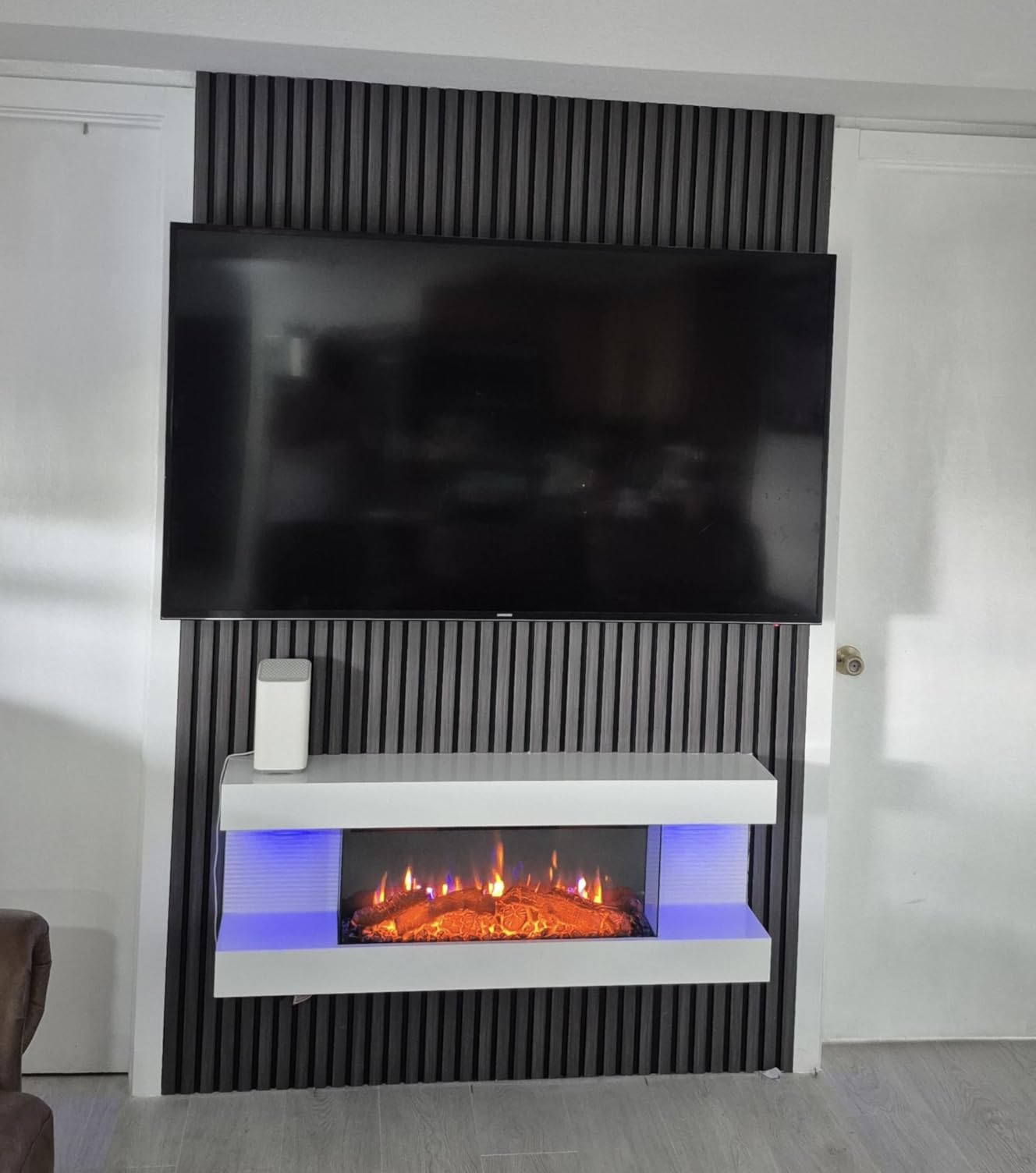 PuraFlame Alsa 44 Inch Wall Mounted Electric Fireplace All-in-One with Multi Ambient Light Colors, Remote, 1500W Heater, White customer photo 1