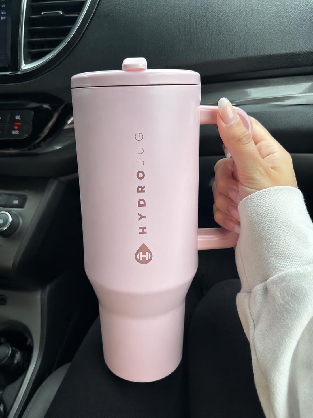 HydroJug Traveler - 32 oz Water Bottle with Handle & Flip Straw - Fits in Cup Holder, Leak Resistant Tumbler-Reusable Insulated Stainless Steel & Rubber Base - Gifts for Women & Men, Pink Sand customer photo 2