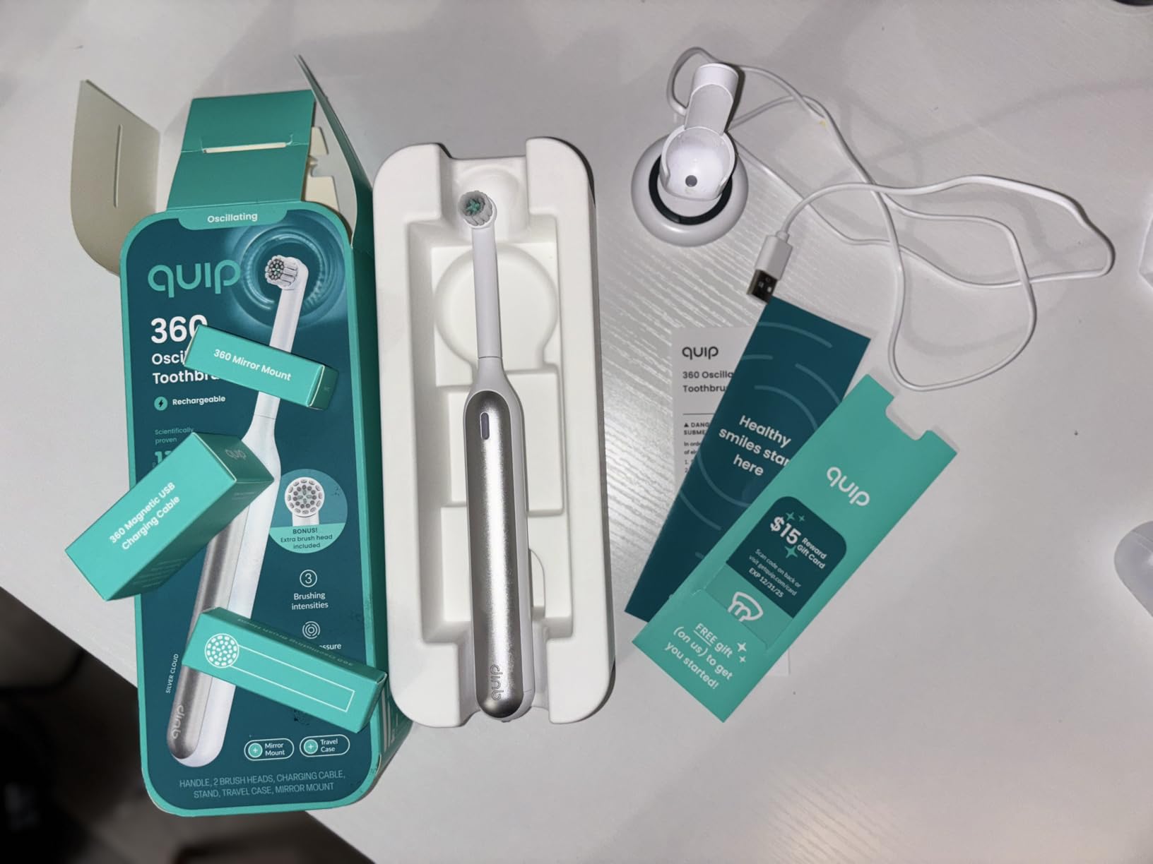 Quip Rev Oscillating Rechargeable Electric Toothbrush with Extra Brush Head - Soft Bristles, Pressure Sensor, 3 Intensities, 30-Day Battery Life, 2-Min Timer, Travel Case, Mirror Mount - Blue Stone customer photo 2
