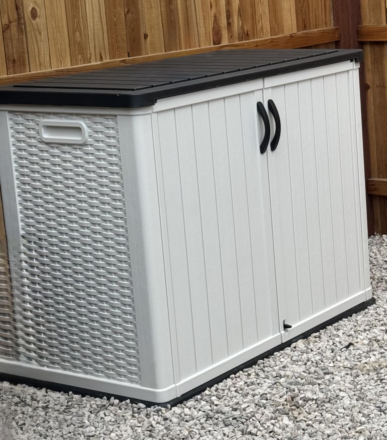 Devoko Outdoor Storage Cabinet 26 Cu Ft with Lockable Doors, Horizontal Storage Shed Waterproof Patio Tools Storage Box for Sofa Cushions, Gardening Tools and Accessories (White) customer photo 2