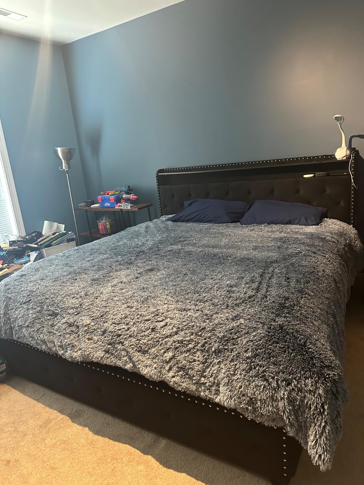 LARMACE King Size Bed Frame with 4 Storage Drawers Velvet Upholstered Tufted Bed Frame King Platform with LED Lights & USB Type-C Charging Station, Heavy Duty/No Box Spring Needed, Easy Assembly, Black customer photo 1