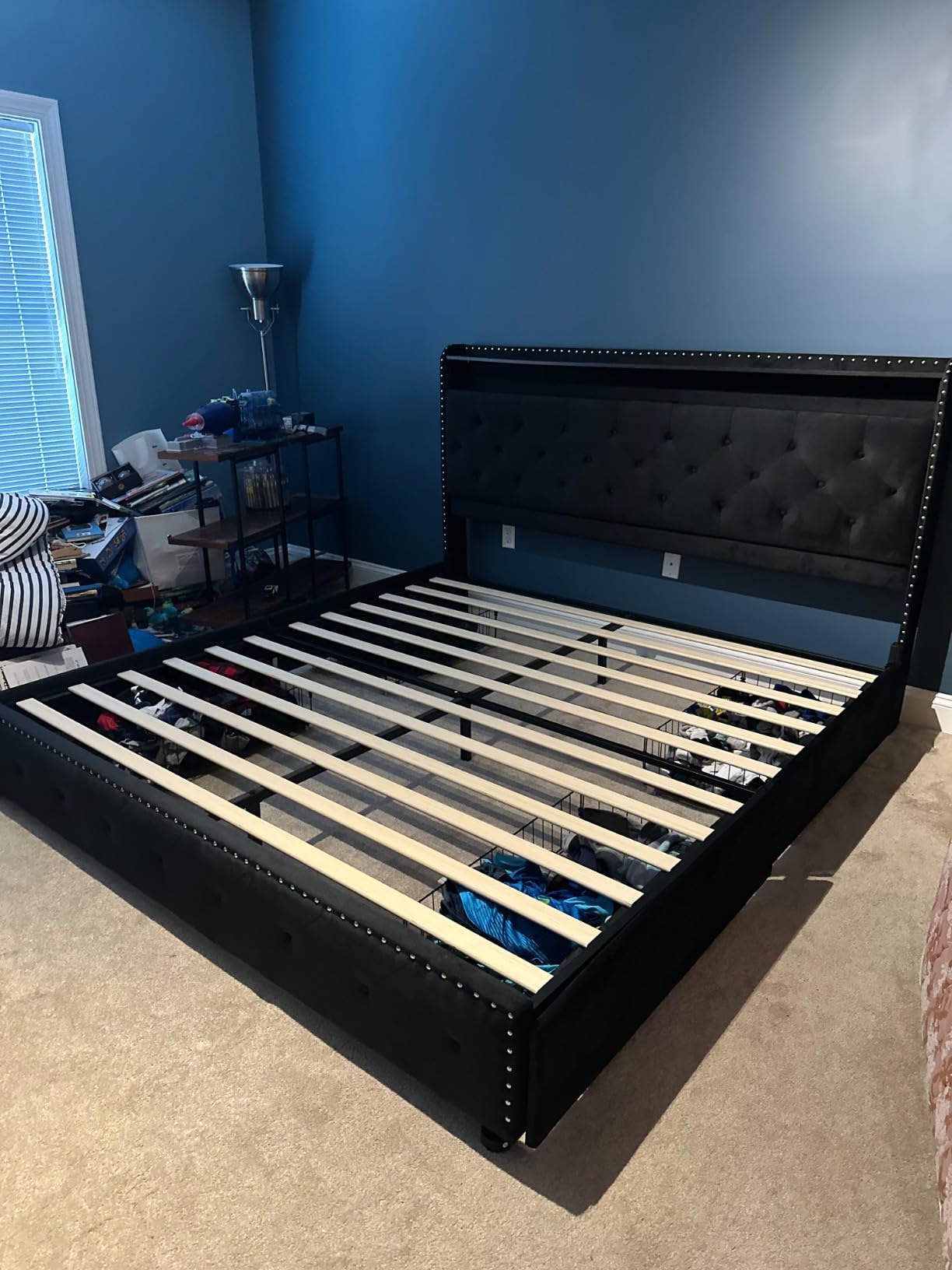 LARMACE King Size Bed Frame with 4 Storage Drawers Velvet Upholstered Tufted Bed Frame King Platform with LED Lights & USB Type-C Charging Station, Heavy Duty/No Box Spring Needed, Easy Assembly, Black customer photo 2