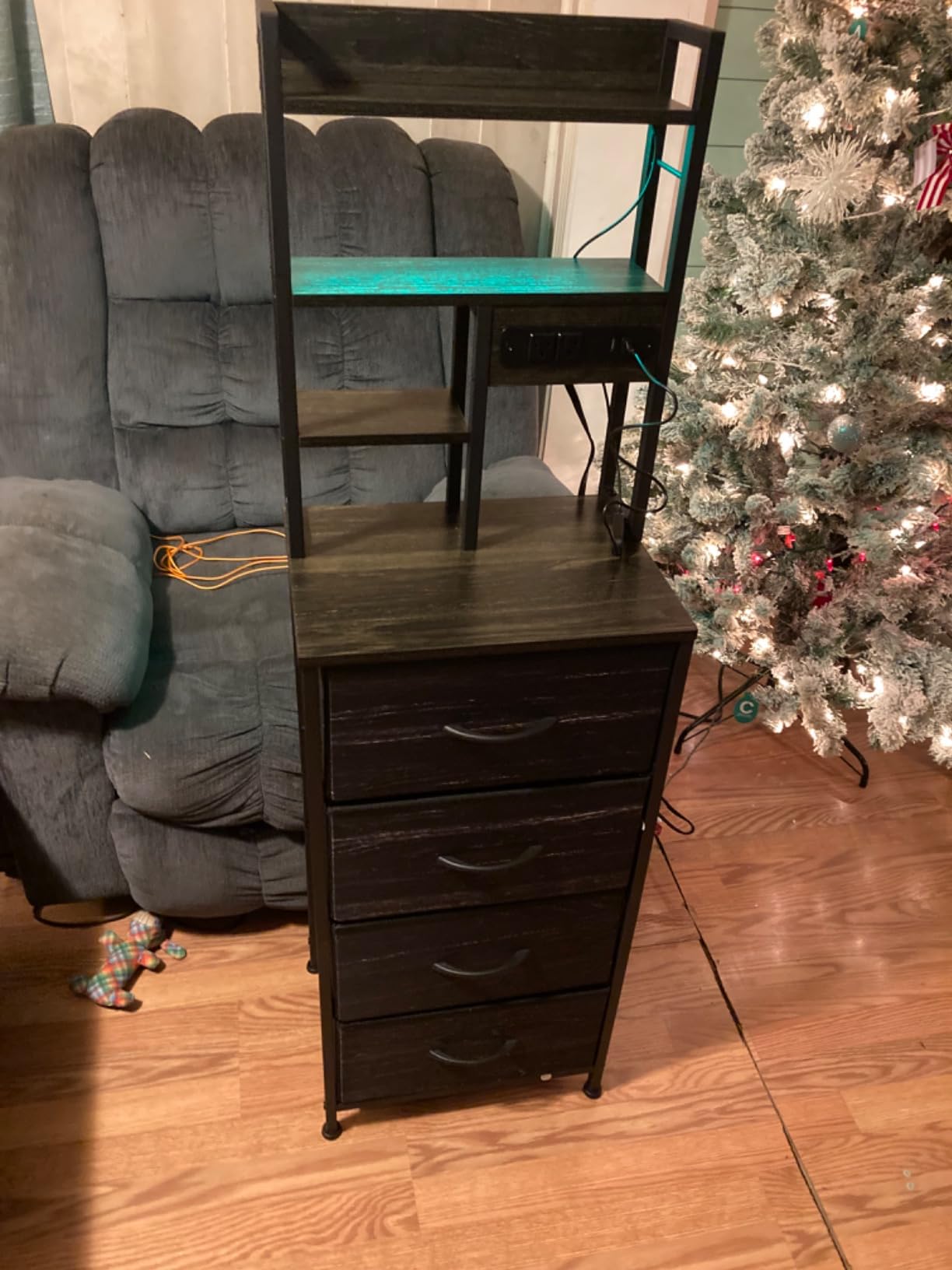 Furnulem Tall Nightstand, LED Night Stand with Charging Station and USB Ports, 4 Fabric Drawers and 4 Tier Storage Shelf, Nightstands Bedside Tables for Bedroom, Dorm, Office (Black Oak) customer photo 2