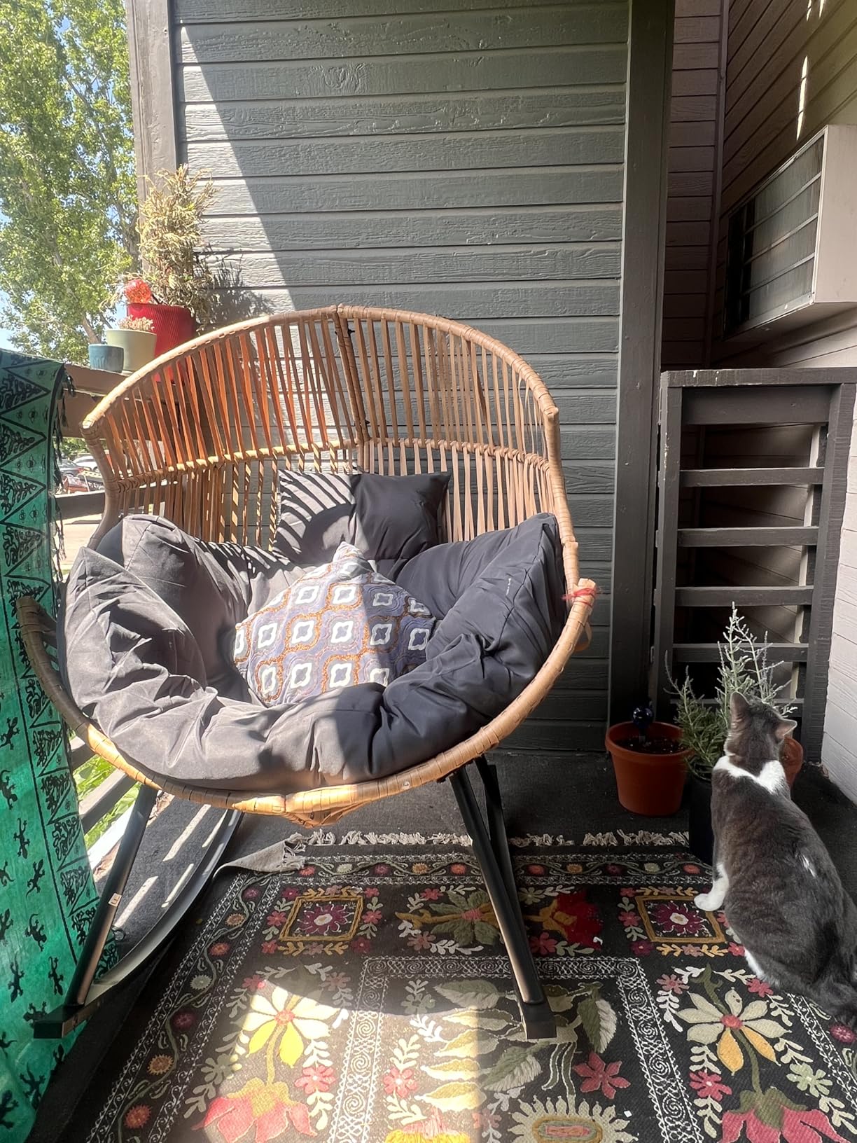 Vongrasig Wicker Egg Chair PE Rattan Rocking Chair with Cushion, Oversized Patio Lounge Rocker Chair for Outdoor, Indoor, Balcony, Backyard, Garden, Beige customer photo 1