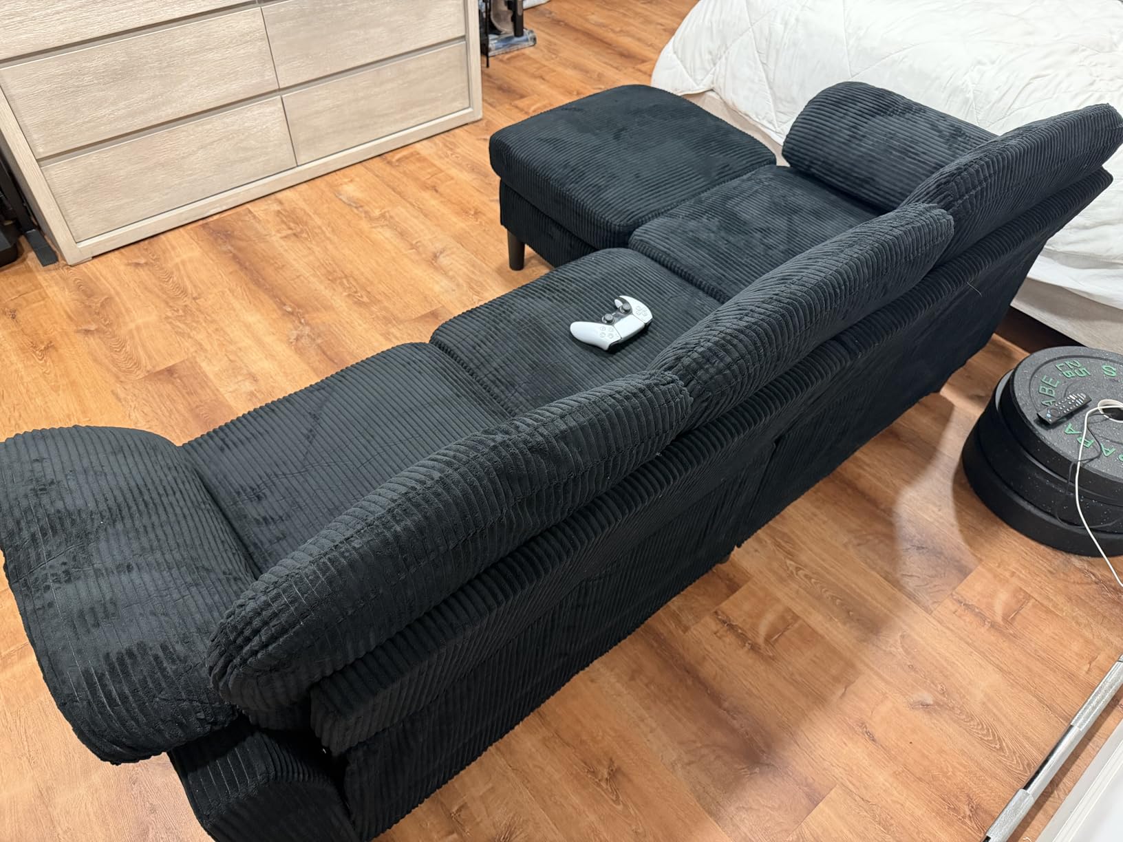 Vongrasig Convertible Sectional Couches, 3 Seat L Shaped Couch Sofa with Removable Pillows Soft Corduroy Fabric Small Couch Mid Century for Living Room, Apartment and Office Black customer photo 1