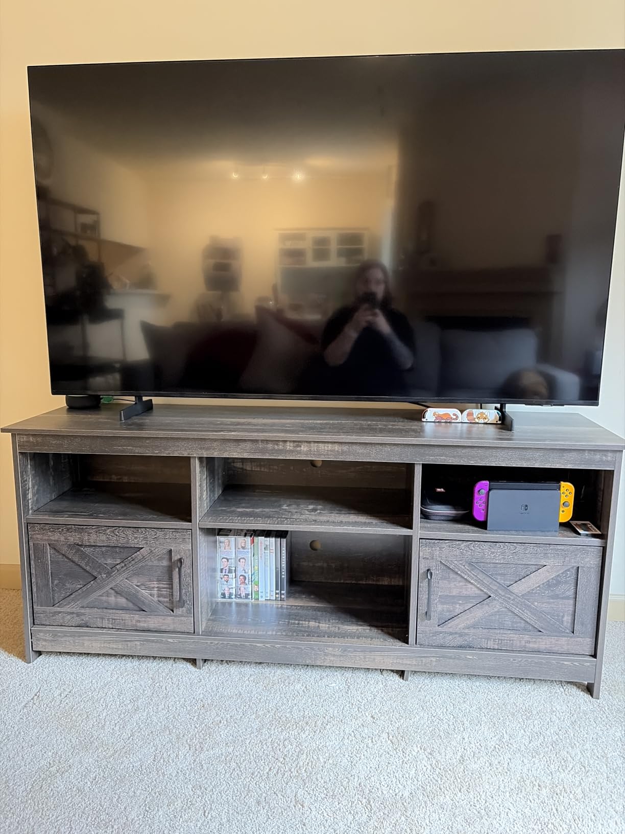 YITAHOME TV Stand for 65 Inch TVs, Entertainment Center with Storage Cabinets, Power Outlet & LED Light, Media TV Console with Barn Doors for Living Room, Black customer photo 1