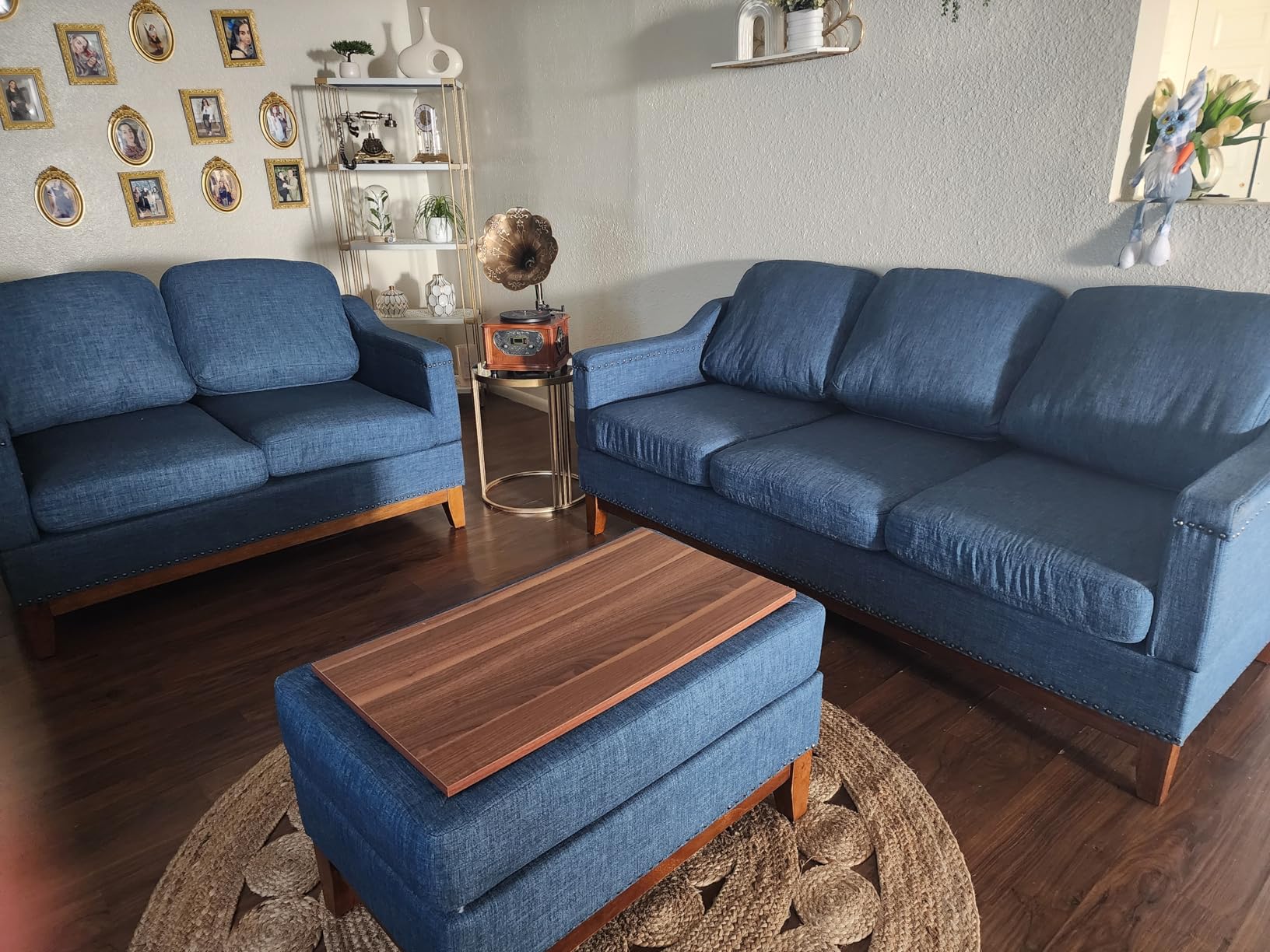 HAOMARKETS Vintage 2-Seater Upholstered Loveseat Sofa with Nailhead Trim, High-Density Foam Cushion & Solid Wood Legs, Soft Fabric Couch for Small Spaces, Blue customer photo 2