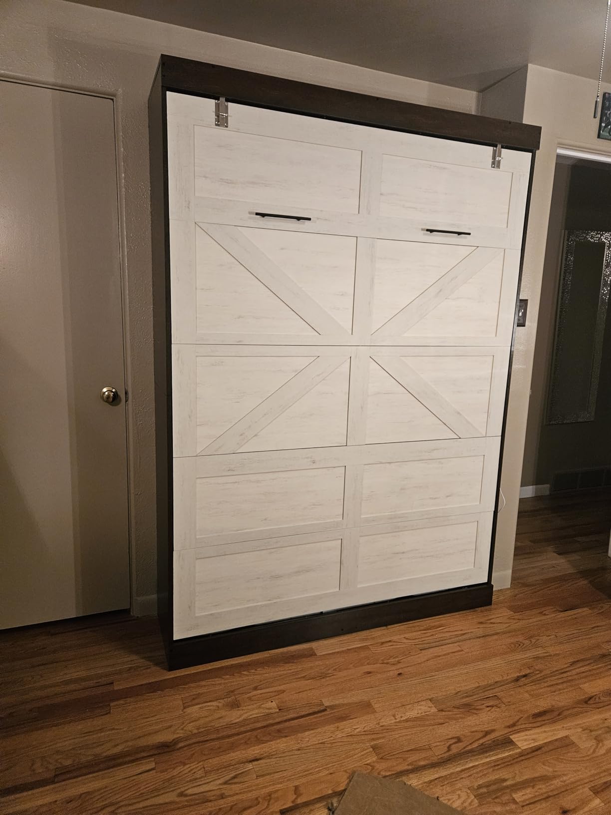 Hlivelood Queen Size Murphy Bed with 2 LED Lights, Farmhouse Wood Hidden Foldable Wall Bed Frame w/Gas Struts, Storage Bed Cabinet for Bedroom, Office, Space-Saving, No Box Spring Needed, Rustic White customer photo 2