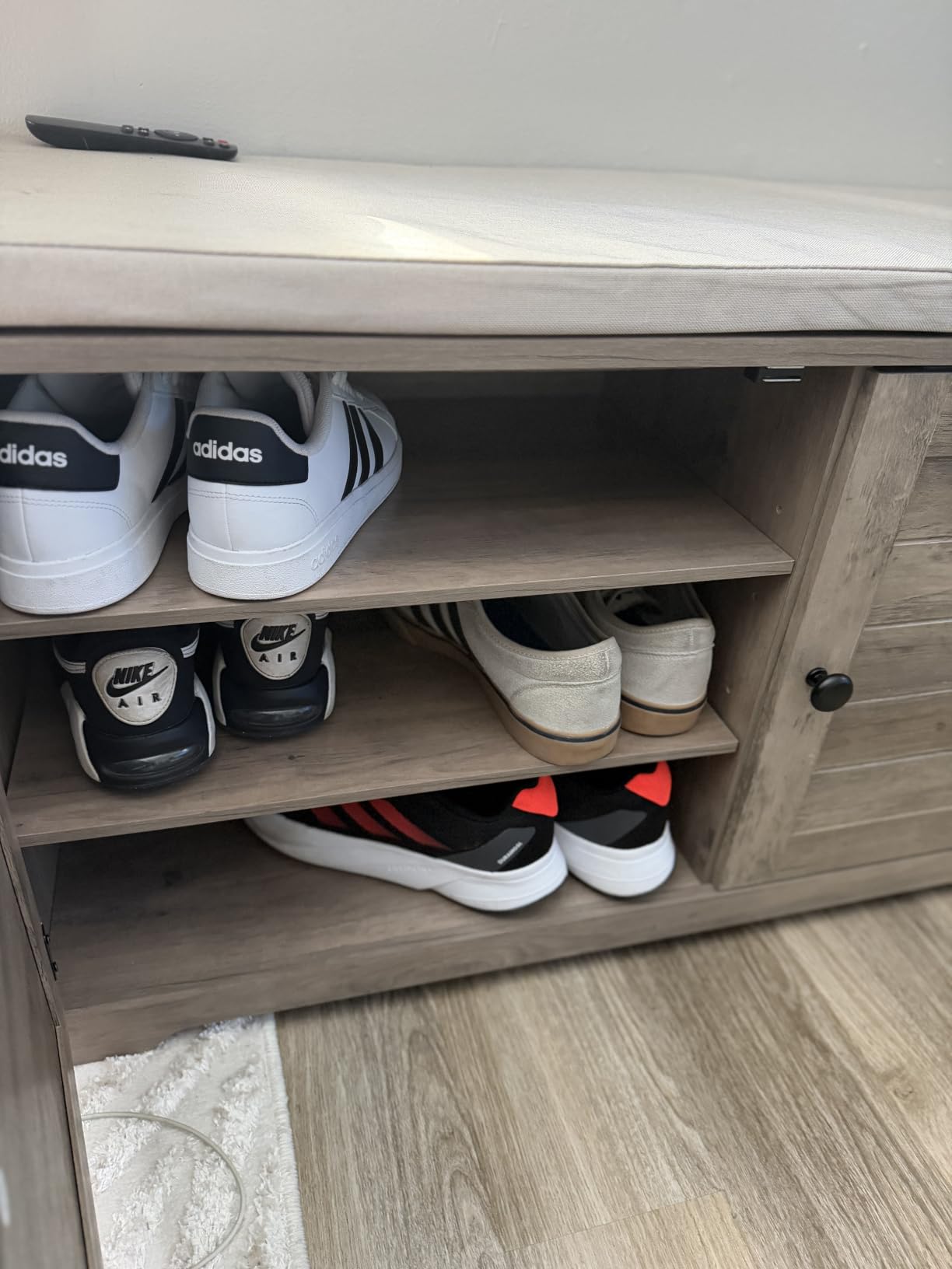 VASAGLE Shoe Storage Bench with Cushion, 3-Tier Entryway Bench with Padded Seat, Doors, Adjustable Shelves, 14 x 39.8 x 20.7 Inches, Hallway, Bedroom, Heather Greige and Cappuccino Beige ULSB044L01 customer photo 1