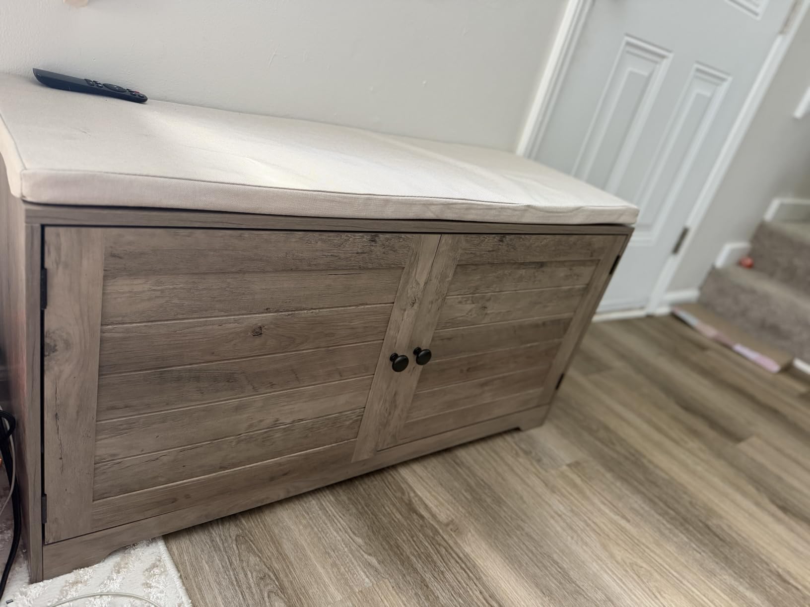 VASAGLE Shoe Storage Bench with Cushion, 3-Tier Entryway Bench with Padded Seat, Doors, Adjustable Shelves, 14 x 39.8 x 20.7 Inches, Hallway, Bedroom, Heather Greige and Cappuccino Beige ULSB044L01 customer photo 2