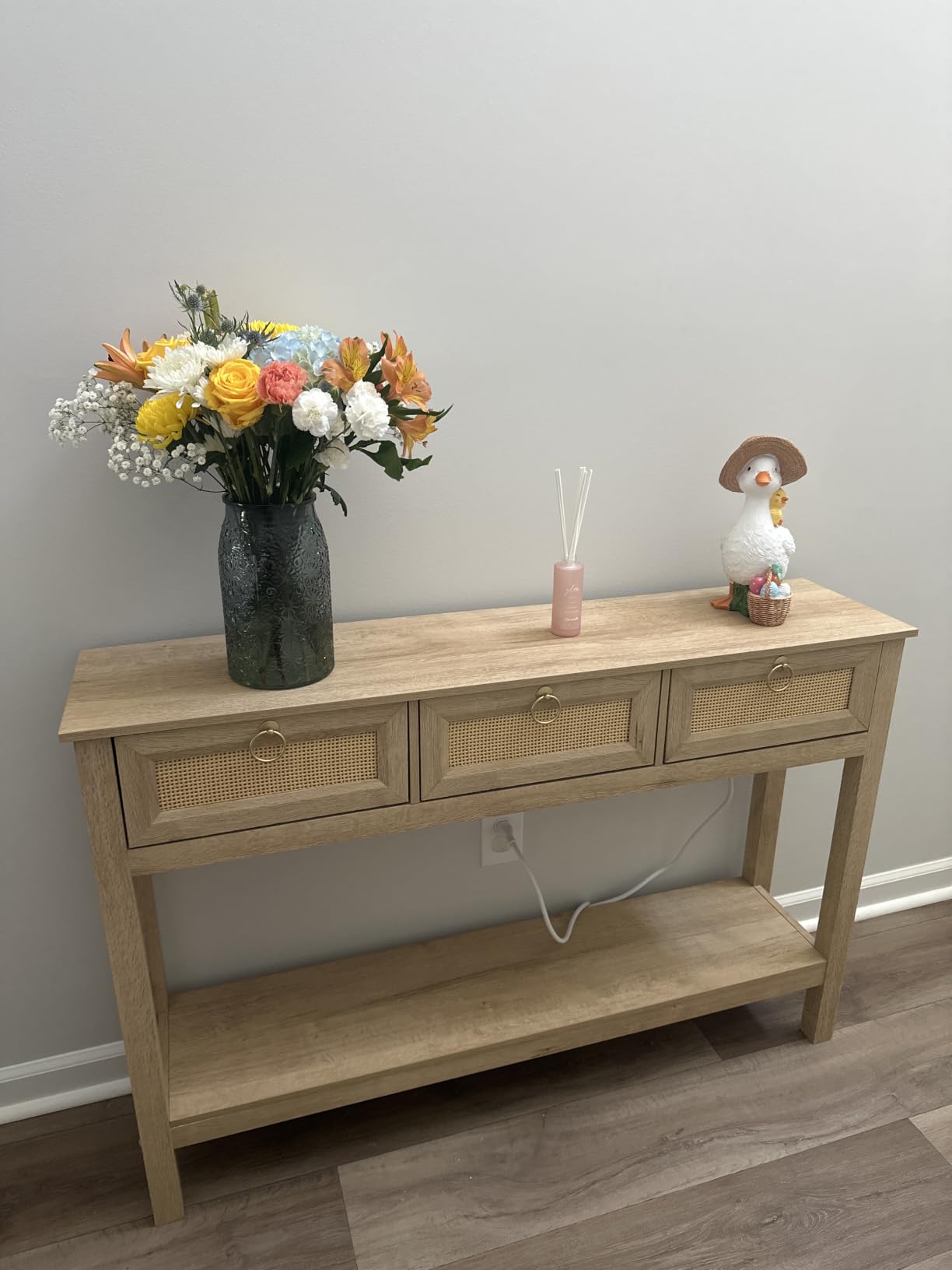 SUPERJARE Rattan Console Sofa Table with Outlets and USB-C Port, 3 Drawer Entryway Table with Synthetic Rattan Surface, Open Shelf, Behind Couch Entry Foyer Hallway Storage, Natural customer photo 1