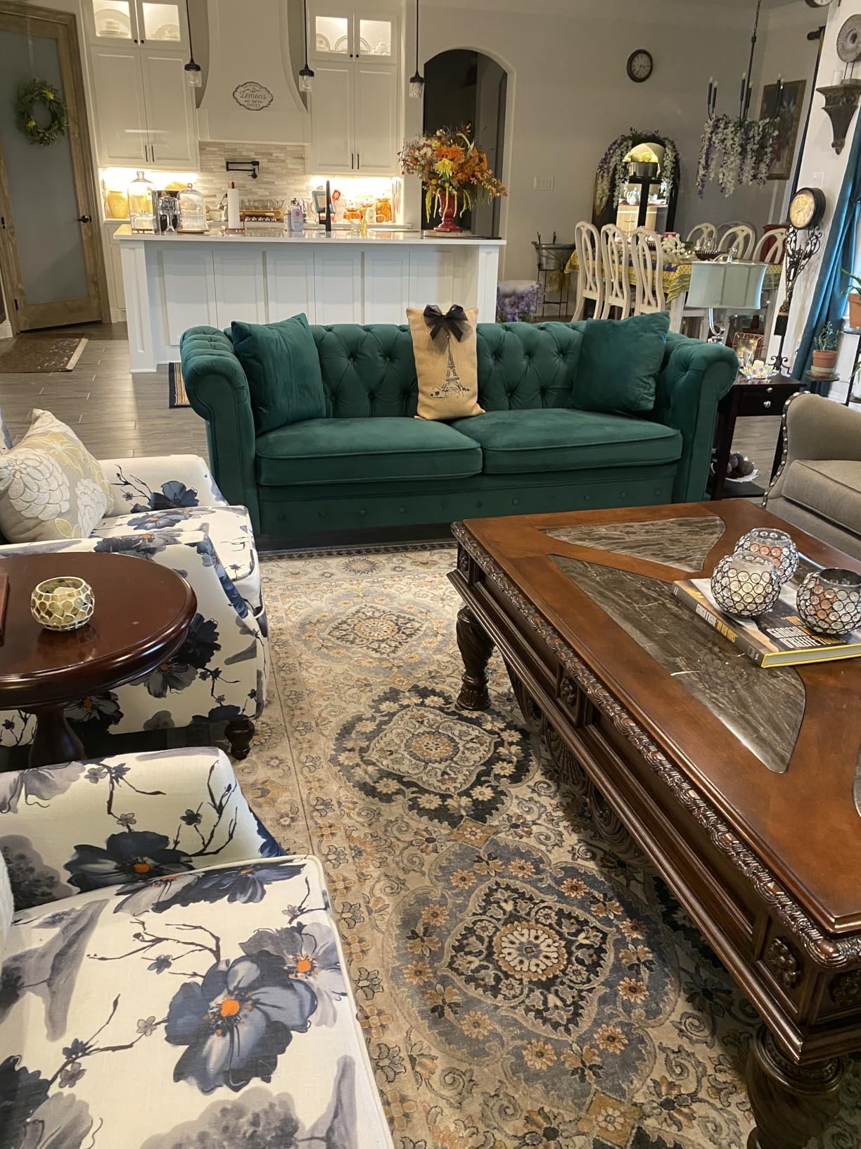 ONBRILL 82 Inch Chesterfield Sofa, 23 Inch Deep Seat Velvet Couch for Living Room, Button Tufted Couch with Rolled Arms, 2 Throw Pillows, Comfy Vintage Loveseat Sofa for Apartment, Green customer photo 1