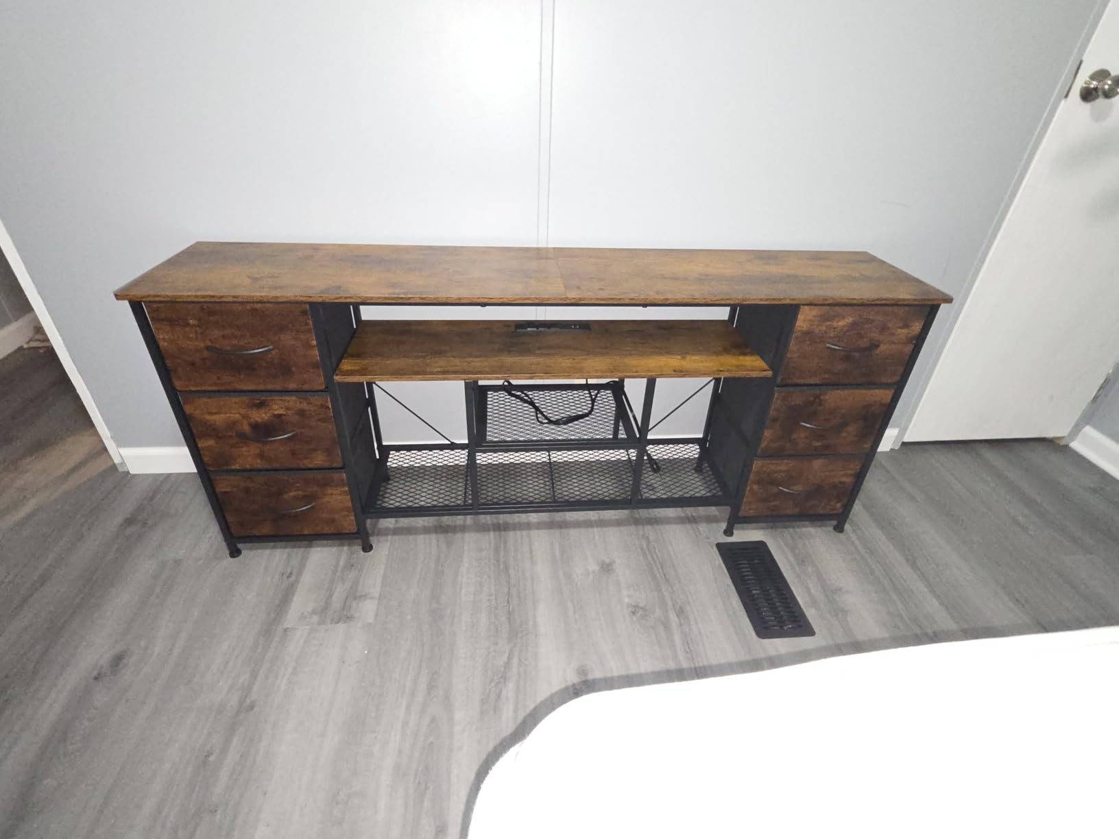Furologee LED TV Stand for 65, 70 Inch TV, 63 Inch Entertainment Center with Power Outlets, 6 Fabric Drawers Dresser for Bedroom, Media Console with Open Shelves, PU Leather Surface, Black customer photo 2