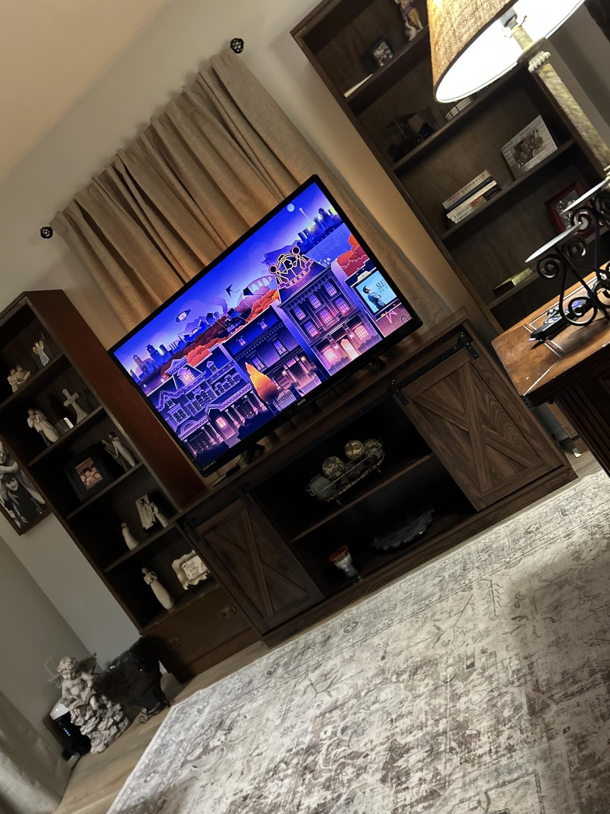 Sweetcrispy Farmhouse TV Stand 65 Inch for Living Room Bedroom Brown, Tall Entertainment Center with Storage Shelves, Media Console Cabinet with Wood Board, 300 LBS Capacity and Sliding Barn Door customer photo 1