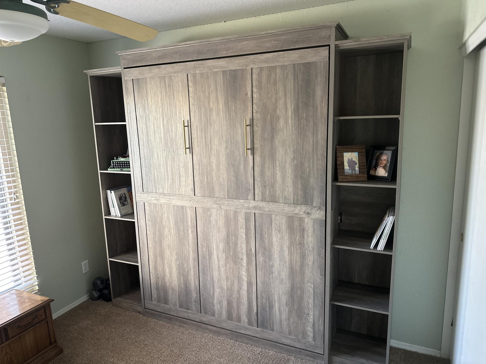Queen Size Murphy Bed with 2 Storage Cabinet, Farmhouse Wood Hidden Foldable Wall Bed Frame, Space Saving Beds with Shelves,Murphy Bed for Guest Room,Apartment,Office,Bedroom, Natural Wood Color customer photo 1