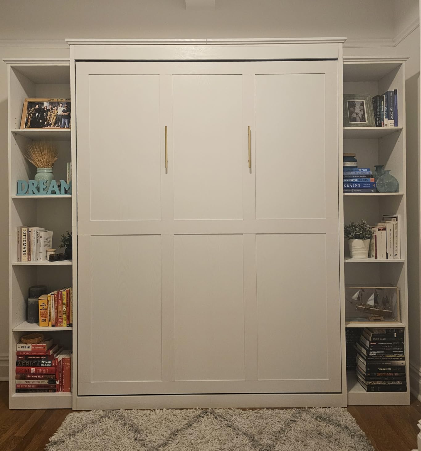 Queen Size Murphy Bed with 2 Storage Cabinet, Farmhouse Wood Hidden Foldable Wall Bed Frame, Space Saving Beds with Shelves,Murphy Bed for Guest Room,Apartment,Office,Bedroom, Natural Wood Color customer photo 2