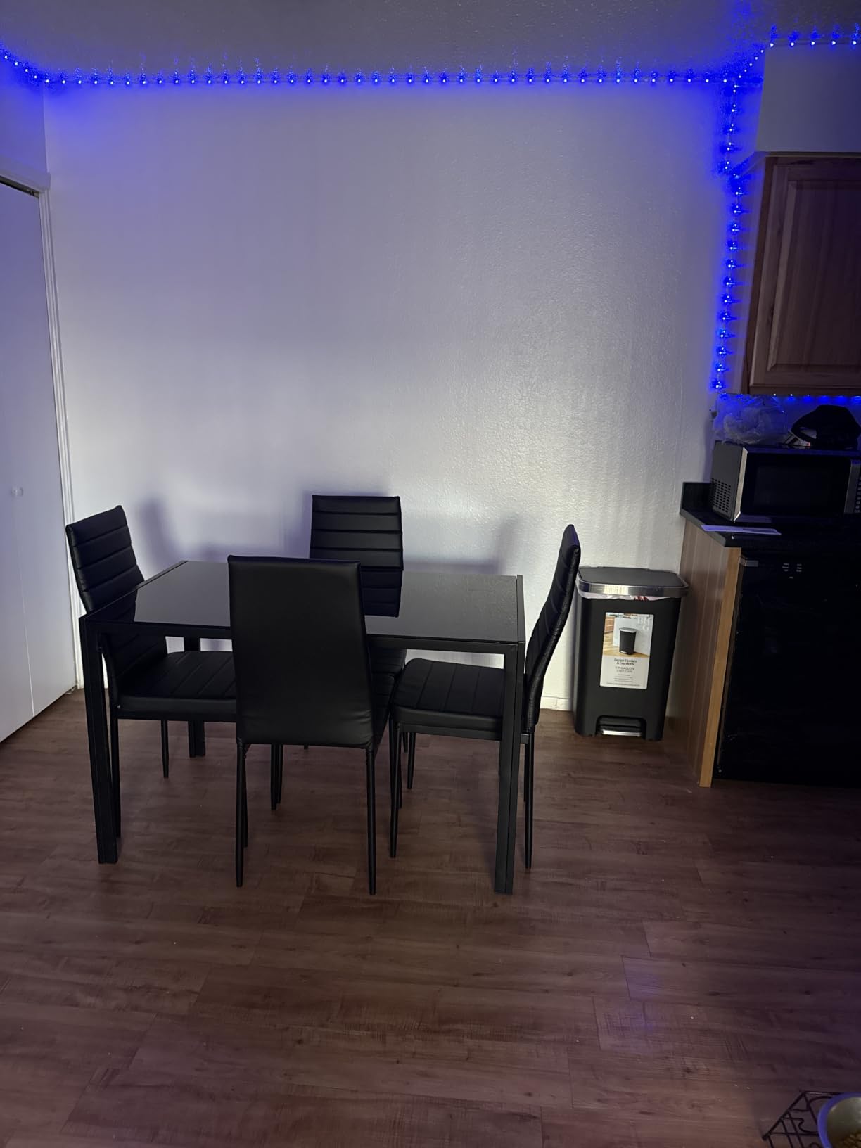 FDW Dining Table Set for 4, 5-Piece Glass Black Dining Table, Kitchen Table with 4 Upholstered Chairs and Faux Leather Cushions, Space-Saving and Modern Design, for Dining Room, Easy to Assemble customer photo 1
