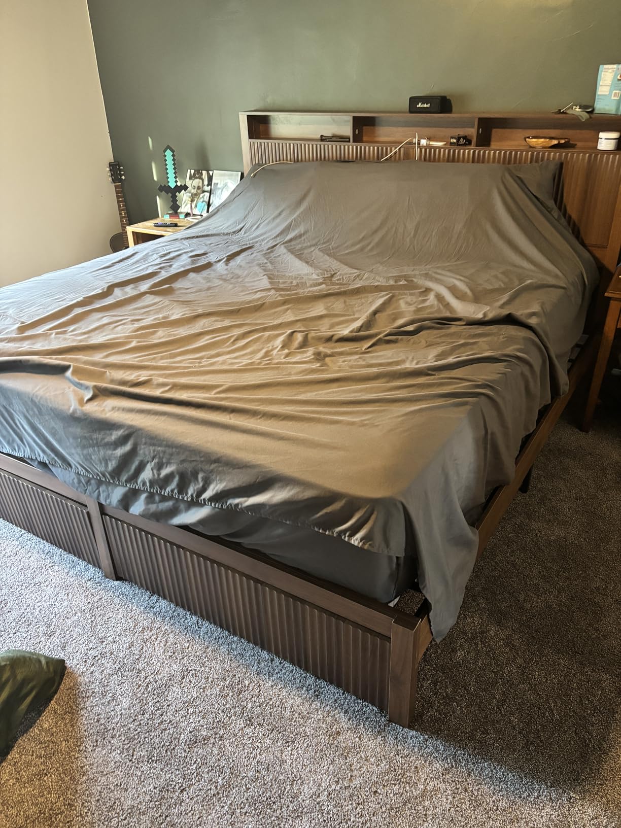 CypBed Queen Size Bed Frame with Headboard and Storage Drawers, Queen Bed Frame with LED Light and Charging Port, Farmhouse Wavy Wood Design, Wood & Metal Platform, Noise-Free, No Box Spring Needed customer photo 1