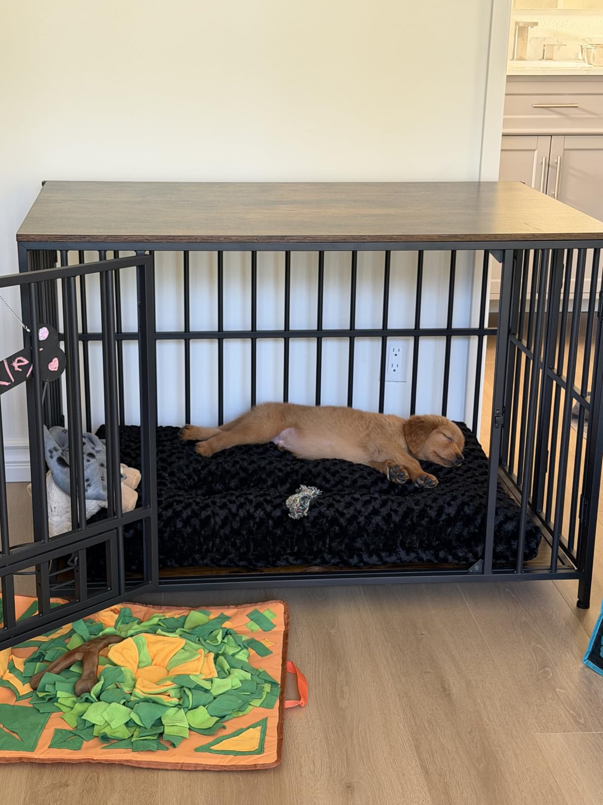 Easycom Dog Crate Furniture Foldable, No Assembly Decorative Dog Kennel Indoor, Dog Crates for Large Dogs, Wooden Dog Cage with Adjustable Bowls and Name Tag, End Table, Rustic Brown customer photo 1