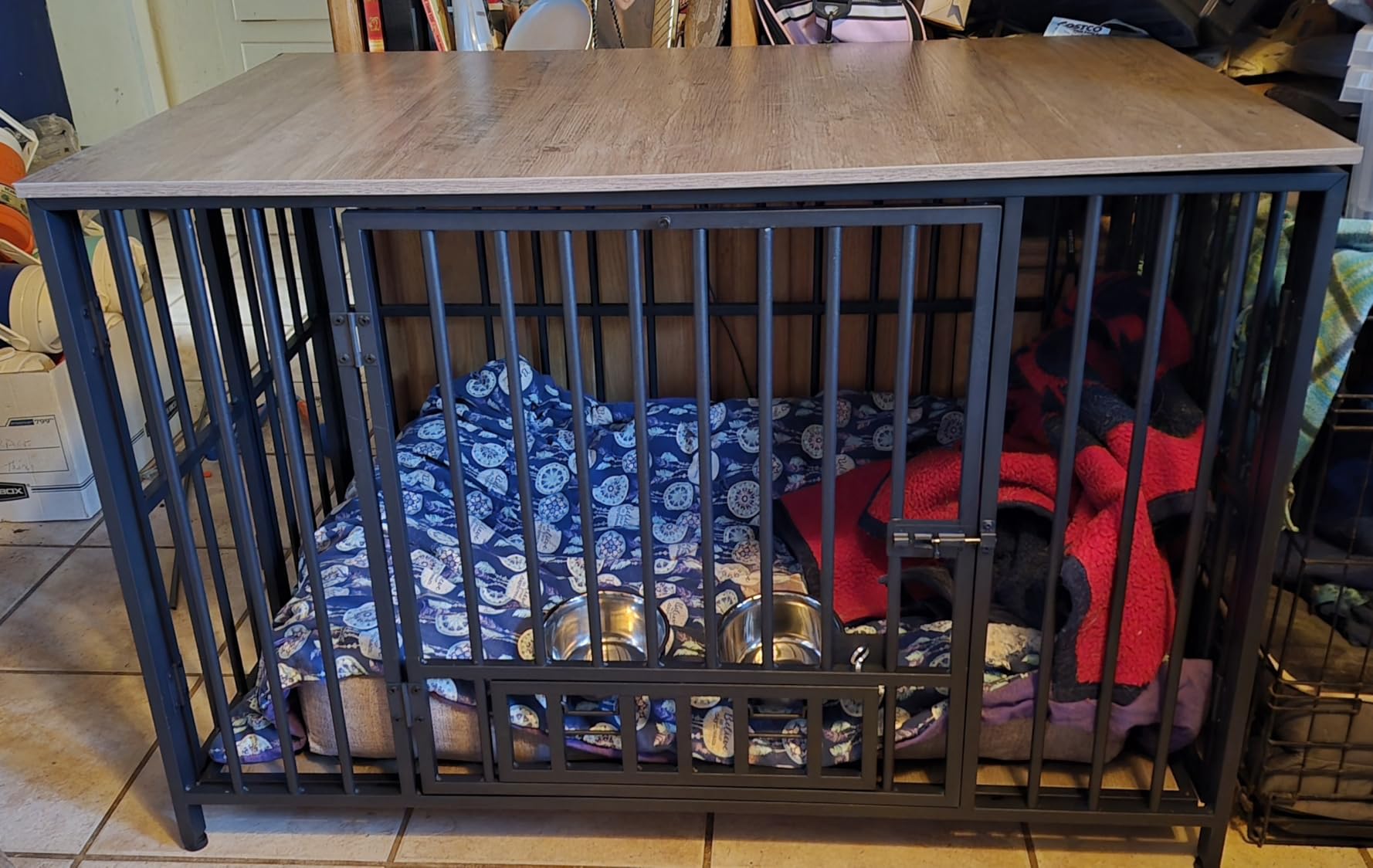 Easycom Dog Crate Furniture Foldable, No Assembly Decorative Dog Kennel Indoor, Dog Crates for Large Dogs, Wooden Dog Cage with Adjustable Bowls and Name Tag, End Table, Rustic Brown customer photo 2
