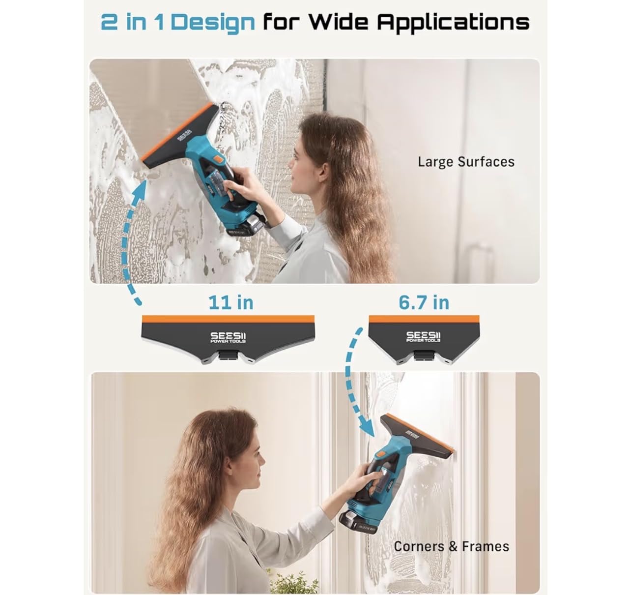 SEESII Cordless Window Vacuum Squeegee, 2000Pa Electric Window Squeegee, 120Mins Battery Life with 11