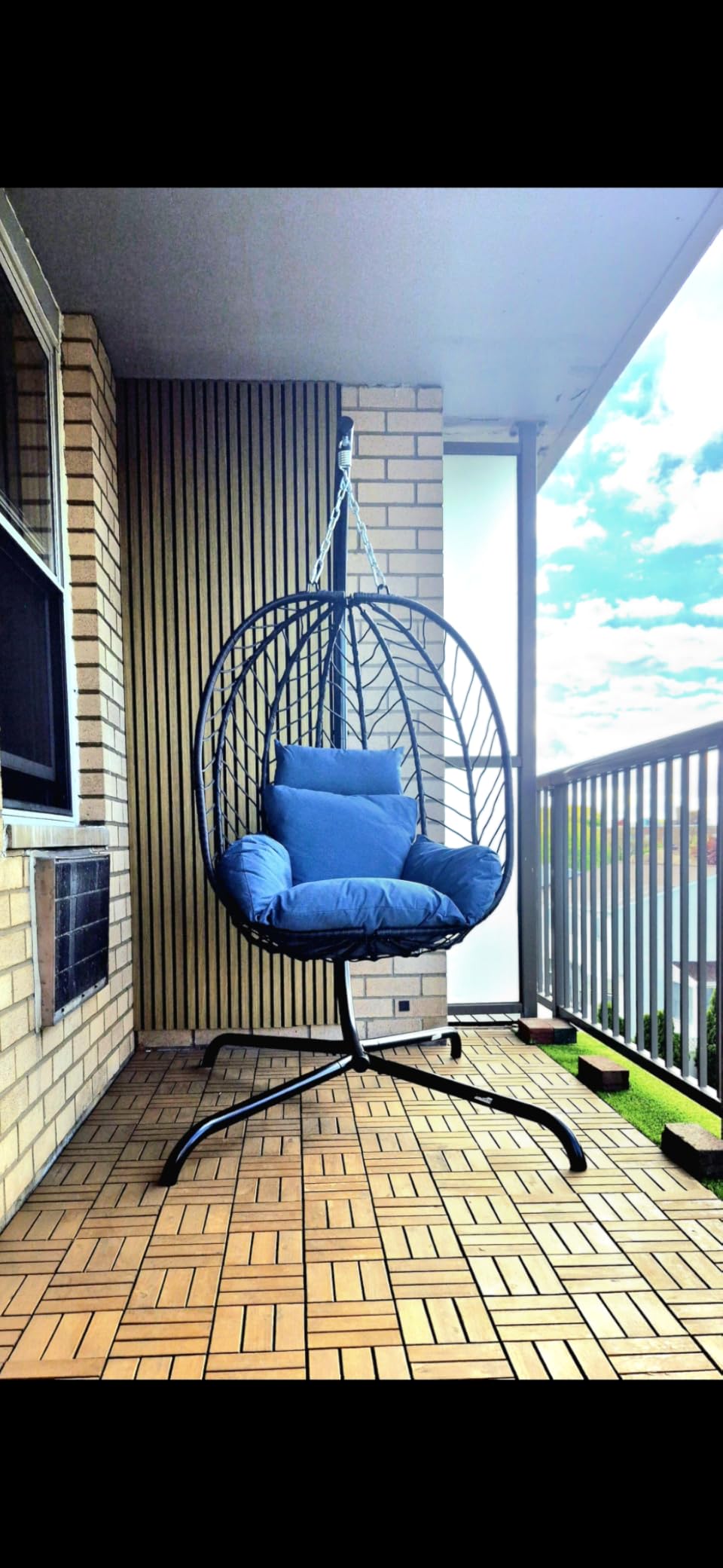 ALAULM Foldable Egg Chair with Stand, 485LBS Capacity Wicker Rattan Hammock Swing Chair for Outdoor & Indoor, Patio Hanging Chair with Strong Frame & UV Resistant Cushion for Balcony, Bedroom, Blue customer photo 1