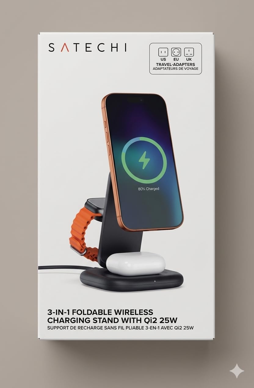 3-in-1 Qi2 Wireless Charging Station, 25W Fast Magnetic Charger, Foldable Charging Stand for iPhone 17, Apple Watch Series 11, AirPods, 45W USB C Adapter Included, Space Black customer photo 1