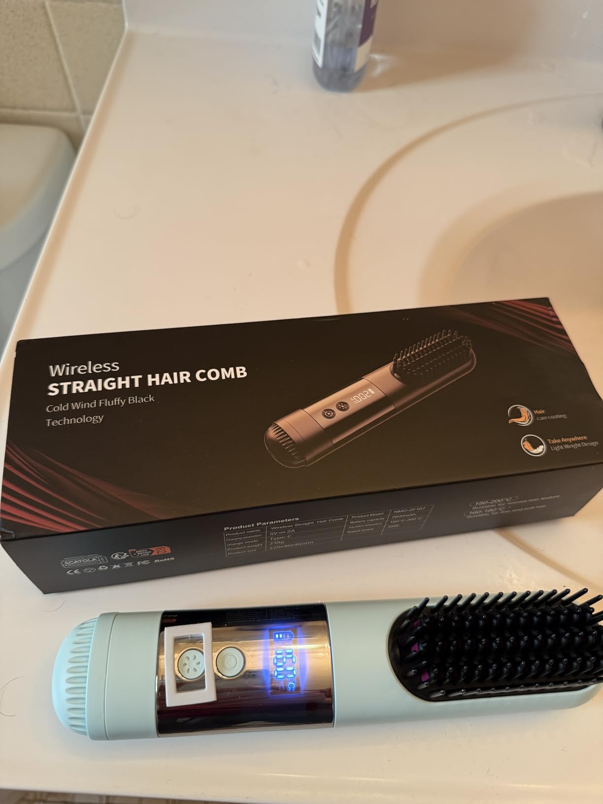 Cordless Hair Straightener Brush with Cool Air, 5-in-1 Portable Ionic Frizz-Free Straightening Brush, Rechargeable Touch Up On-the-Go Brush, MCH Fast Heating, LED Display, Anti-Scald for Women Travel customer photo 2