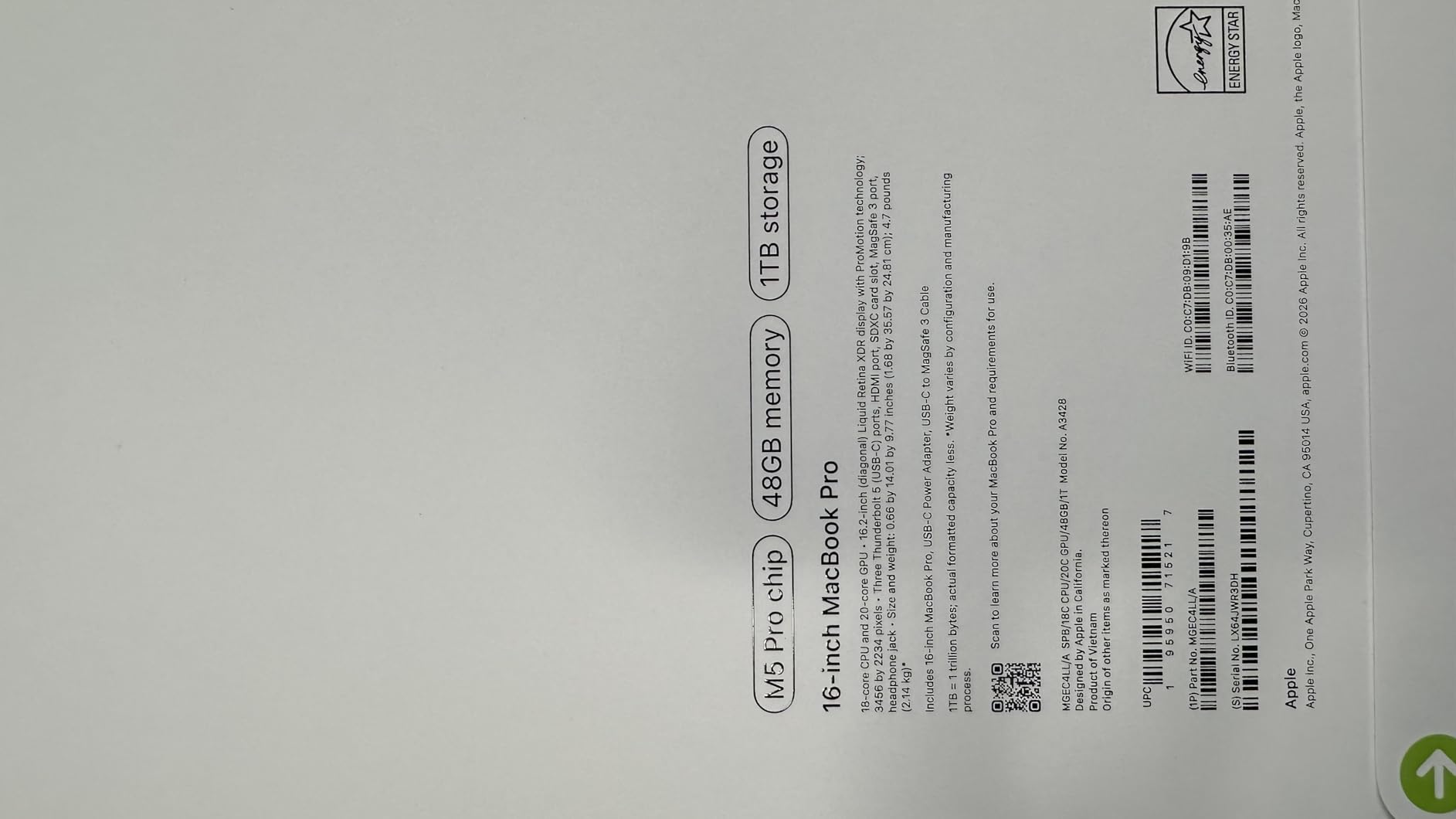 2026 MacBook Pro Laptop with Apple M5 Pro chip with 18-core CPU and 20-core GPU: Built for AI, 16.2-inch Liquid Retina XDR Display, 48GB Unified Memory, 1TB SSD, Wi-Fi 7; Space Black customer photo 2