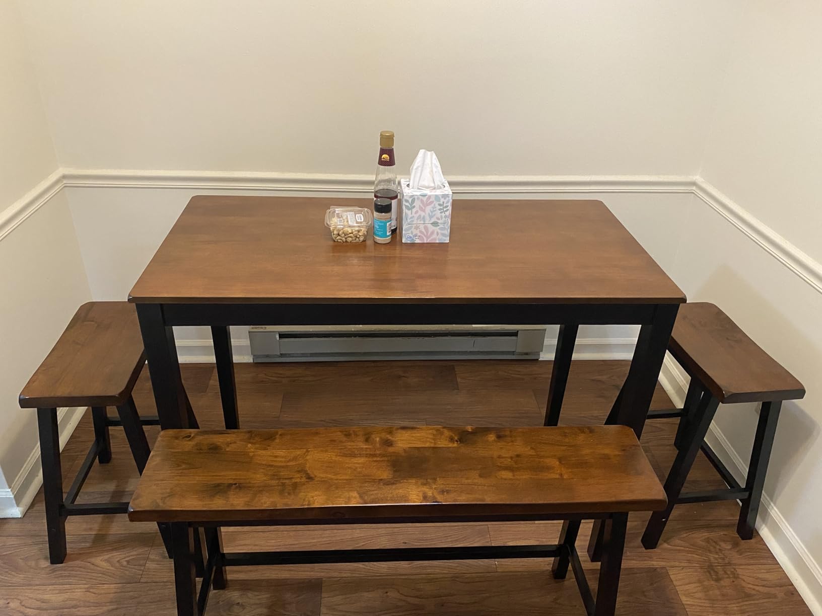PHI VILLA Farmhouse Dining Table Set for 4 Small Space, Counter Height Table and Chairs with Bench, Rustic Solid Wood High Top Kitchen Table Set for Dining Room and Kitchen, Rustic Caramel Brown customer photo 2