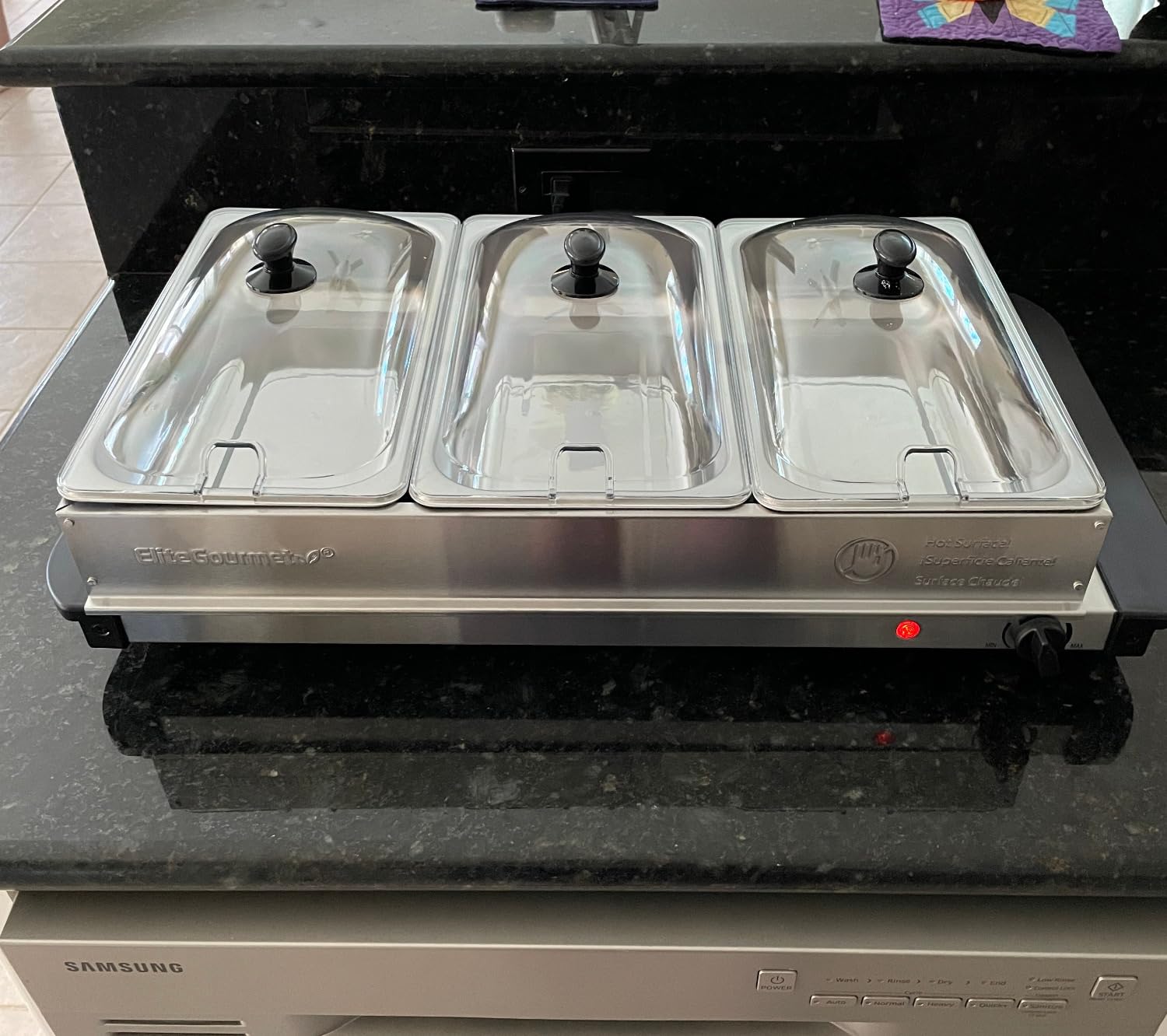 Elite Gourmet EWM-6171 Triple 3 x 2.5 Qt. Trays, Buffet Server, Food Warmer Temperature Control, Clear Slotted Lids, Perfect for Parties, Entertaining & Holidays, 7.5 Qt Total, Stainless Steel customer photo 1