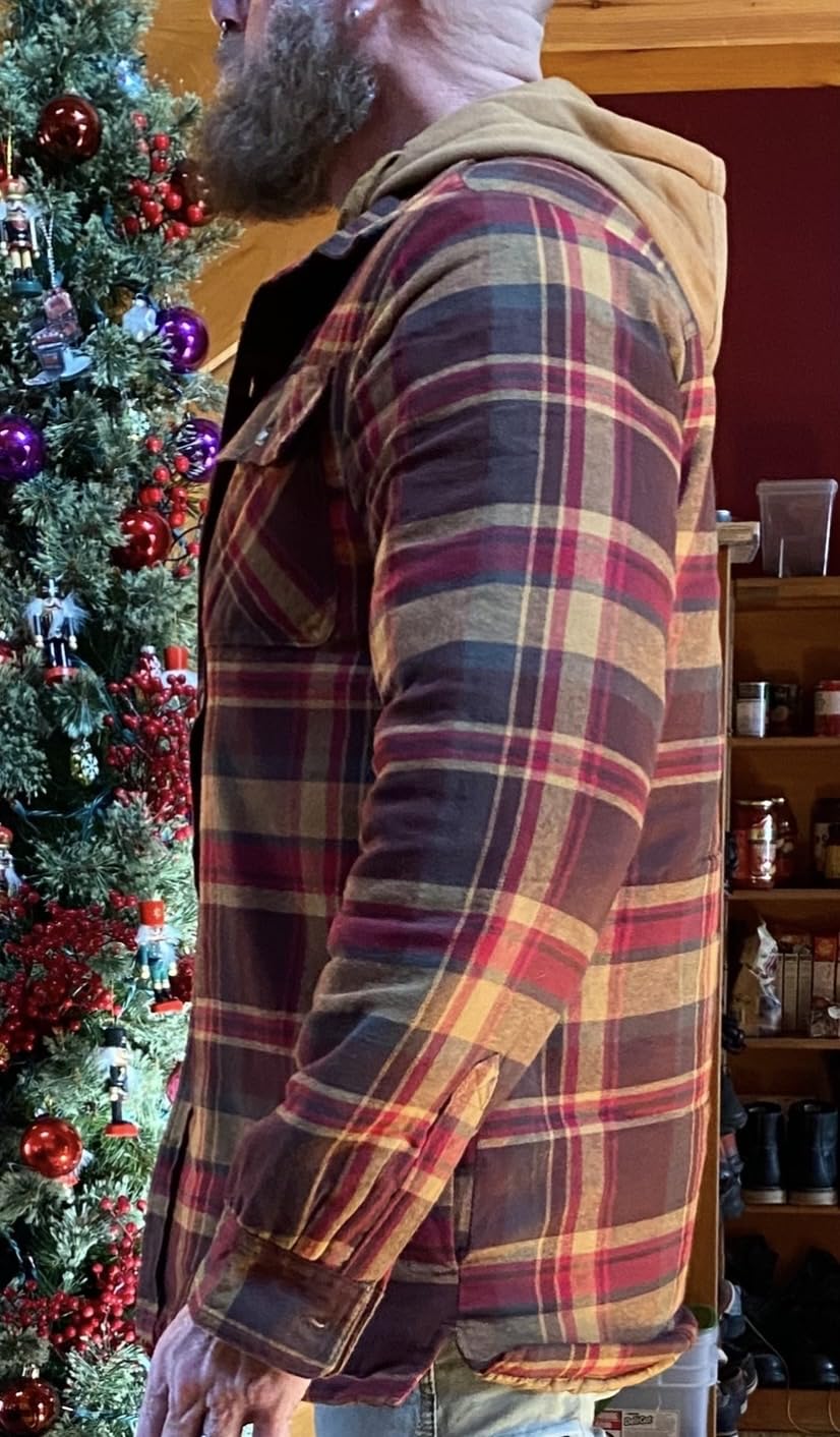 Mens Plaid Flannel Shirt Jacket Quilted with Hood Polyfill Insulated Shacket customer photo 2