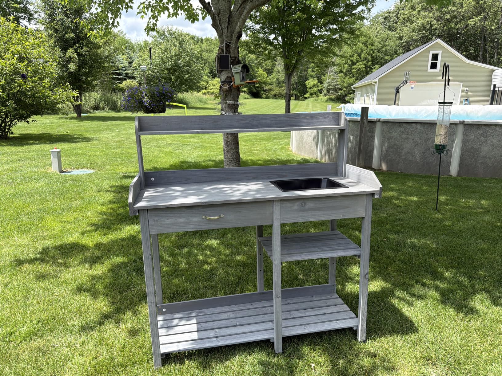 Yaheetech Outdoor Potting Bench Table Potters Benches Garden Workstation for Horticulture with Drawer/Adjustable Shelf Rack/Removable Sink/Hooks/Pads, Gray customer photo 1