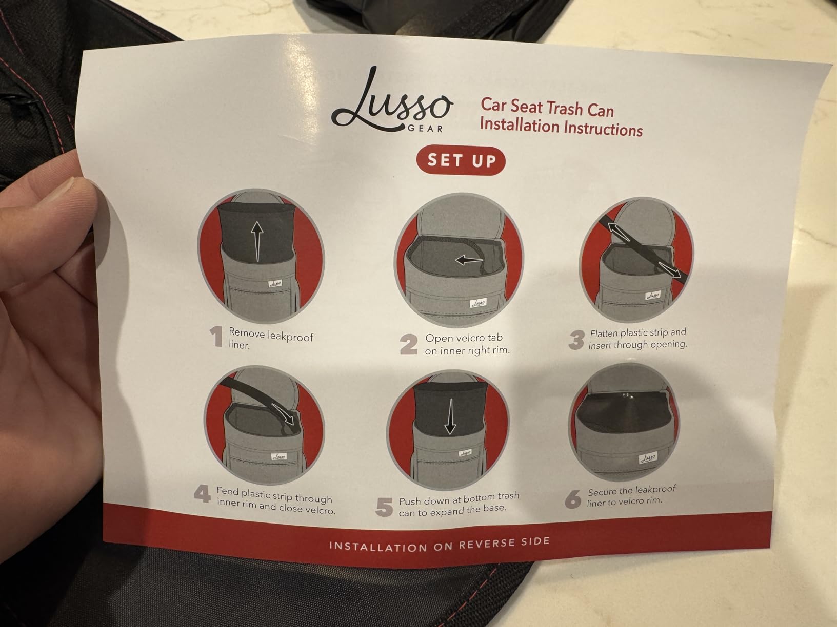 Lusso Gear Spill-Proof Car Trash Can - Easy to Clean Hanging Garbage Bin - Leak-Proof Lid, Removable Liner, Waterproof - Keeps Truck, SUV, Car, Minivan Clean & Odor Free - 2.5 Gallon Tan Car Trash Can customer photo 1