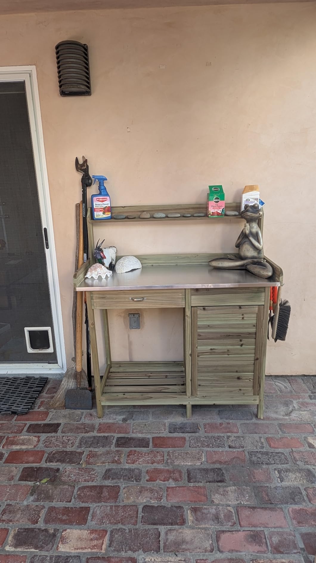 Yaheetech Outdoor Potting Bench Table, Garden Workstation w/Metal Tabletop/Cabinet Drawer/Open Top/Lower Shelf/Handy Hooks for Horticulture, Gray customer photo 1