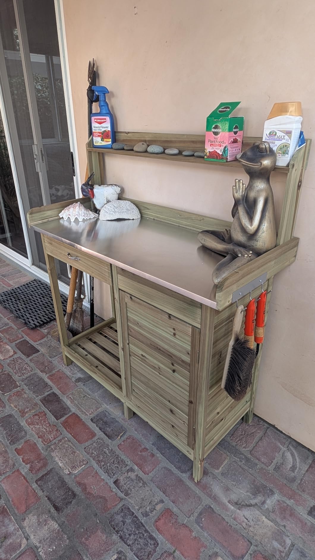 Yaheetech Outdoor Potting Bench Table, Garden Workstation w/Metal Tabletop/Cabinet Drawer/Open Top/Lower Shelf/Handy Hooks for Horticulture, Gray customer photo 2