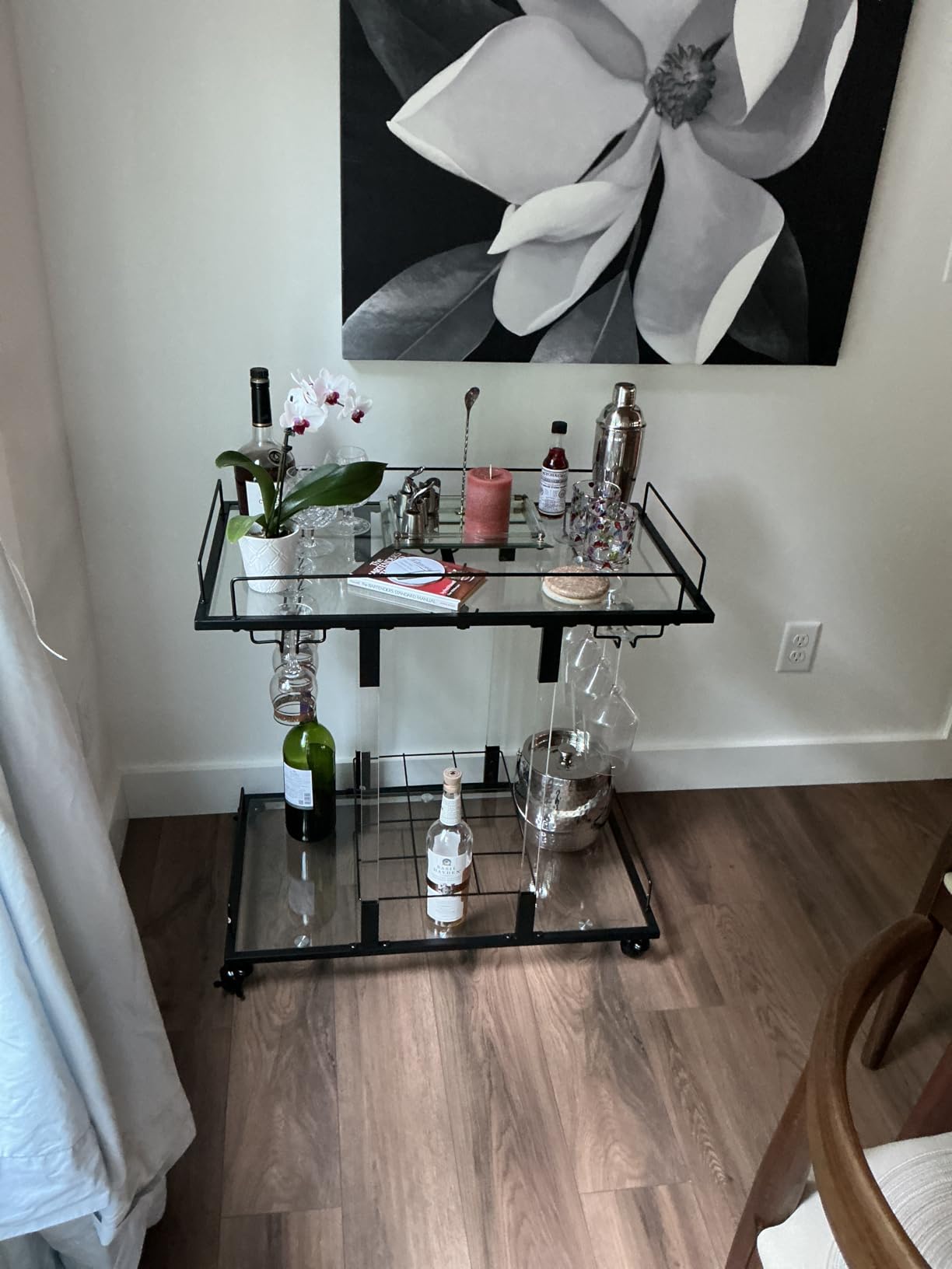 Silver Bar Cart for Home Bar Chrome Serving Cart with Wine Rack 2-Tier Acrylic Rolling Bar Carts on Wheels Clear Dessert Cart Lucite Bar Stand Glass Liquor Cart for Living Room Kitchen Club customer photo 1