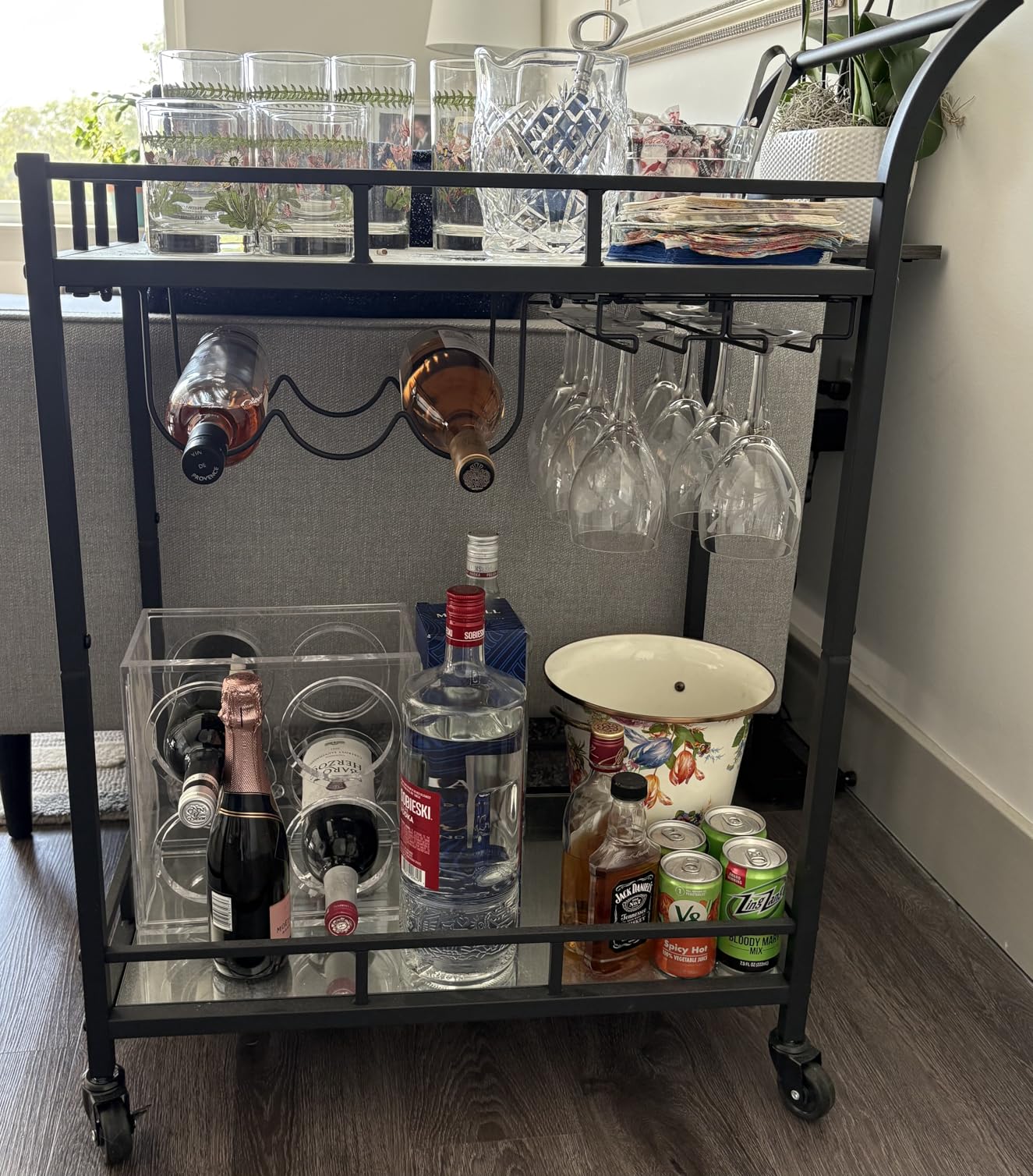 Silver Bar Cart for Home Bar Chrome Serving Cart with Wine Rack 2-Tier Acrylic Rolling Bar Carts on Wheels Clear Dessert Cart Lucite Bar Stand Glass Liquor Cart for Living Room Kitchen Club customer photo 2