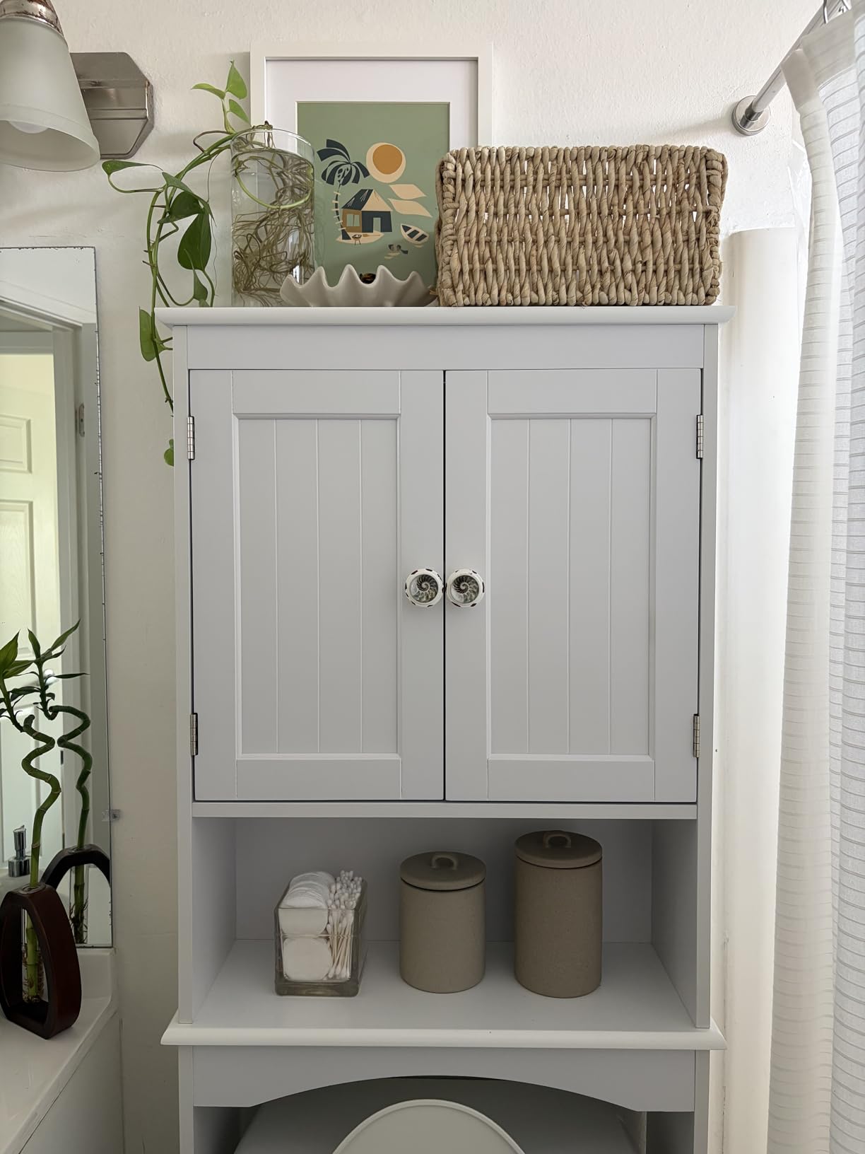 Gizoon Over the Toilet Storage Cabinet with Adjustable Shelf and Double Doors, Bathroom Space Saver Organizer Above Toilet with Open Shelf, Taller Wooden Free Standing Toilet Rack -White customer photo 2