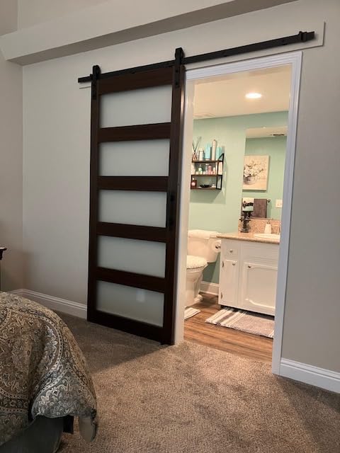 BARNSMITH 36in x 84in 5-Panel Glass Barn Door with 6.6FT Brushed Nickle Sliding Door Hardware Included & Handle, Frosted Glass Solid Wood Water-Proof PVC Surface, Pre-Drilled Easy Assembly, White customer photo 2