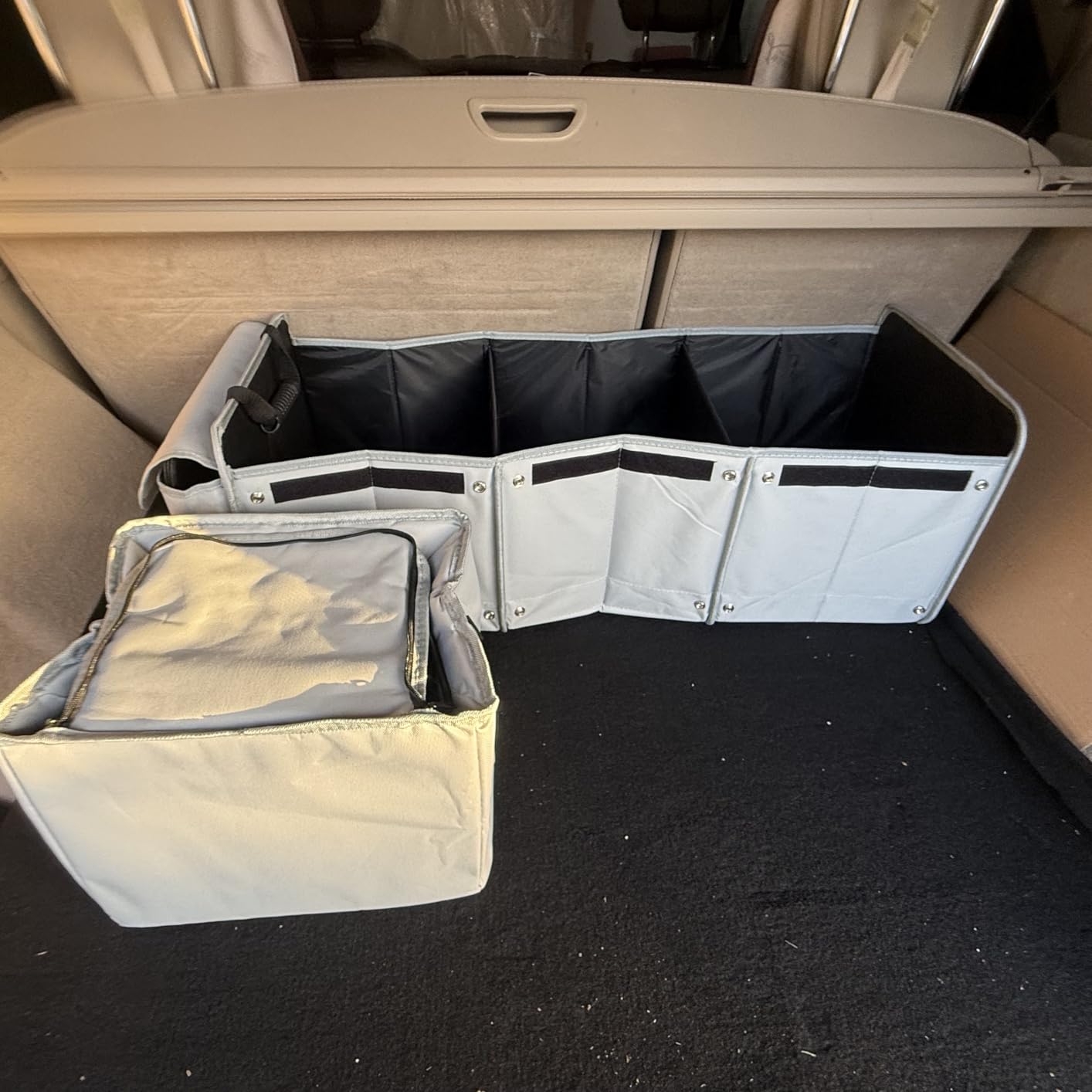 Snuopfy Car Trunk Organizer, 115L Heavy Duty Collapsible Trunk Storage, with Insulated Leakproof Cooler Bag Vehicle Cargo Organizer with Lid, 3 Compartments, Straps For Car, Suv, Jeep, Sedan - Black customer photo 1
