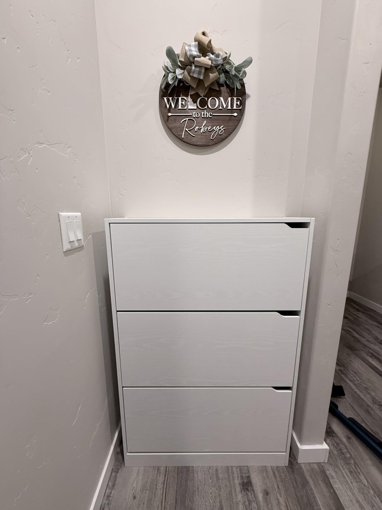 BORNOON Shoe Cabinet with 3 Flip Drawers, Hidden Wood Shoe Cabinet, Freestanding Shoe Storage Cabinet for Entryway Hallway, White customer photo 1