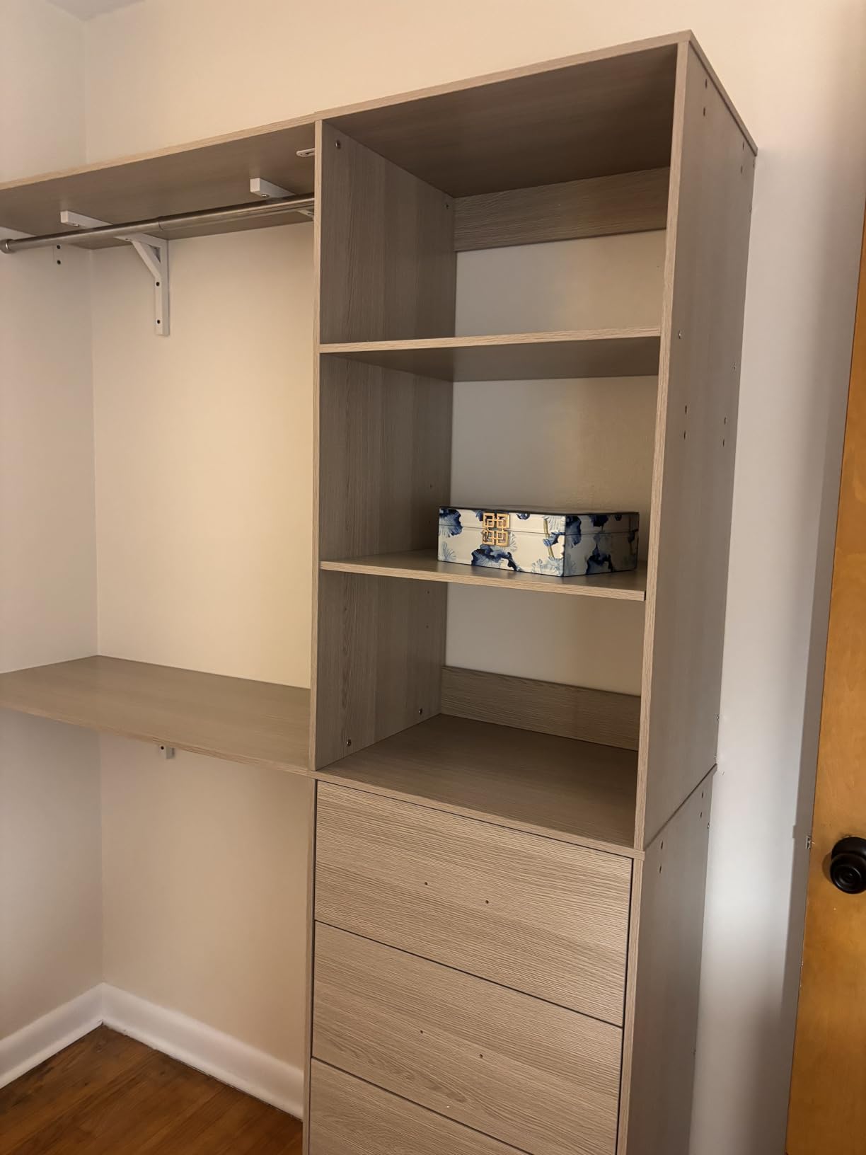 iSunirm 8FT Closet System, 96'' Closet Organizer System with 3 Hanging Rods, Wall Mount Bedroom Wardrobe with 3 Drawers Walk-in Closet, Adjustable Cloth Garment Rack from 5 to 8FT (Cut to Fit), White customer photo 1