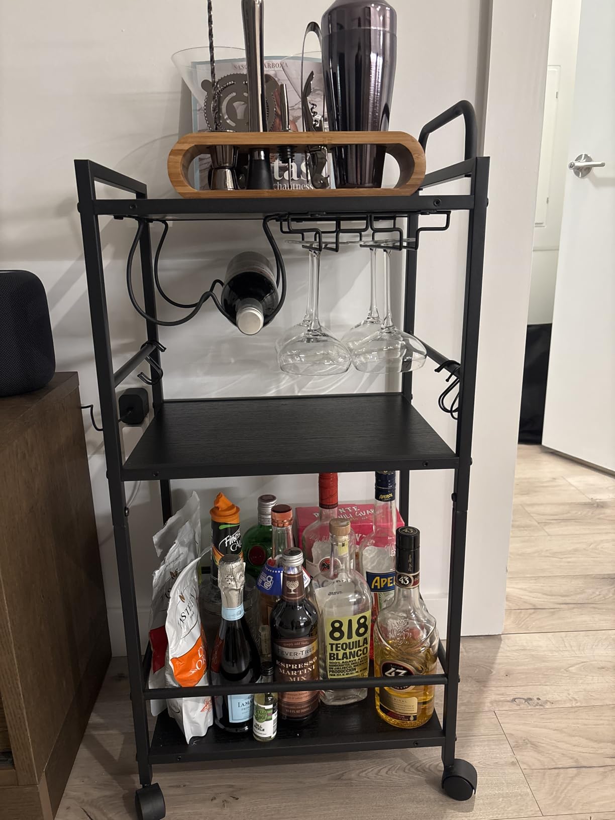 Bar Cart for The Home, 3 Tier Kitchen Cart with Wheels, Small Rolling Cart with Glass Holders, Wine Rack, Mini Bar Cart for Kitchen, Dining Room, Living Room, Black customer photo 2