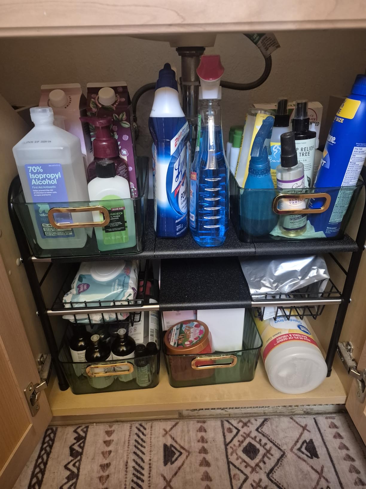 Expandable Under Sink Organizer, 2 Tier Under Sink Shelf with 2 Removable Baskets and 6 Removable Panels for Cabinet Sink Cloakroom Wardrobe Closet Storage(Black, 17.71