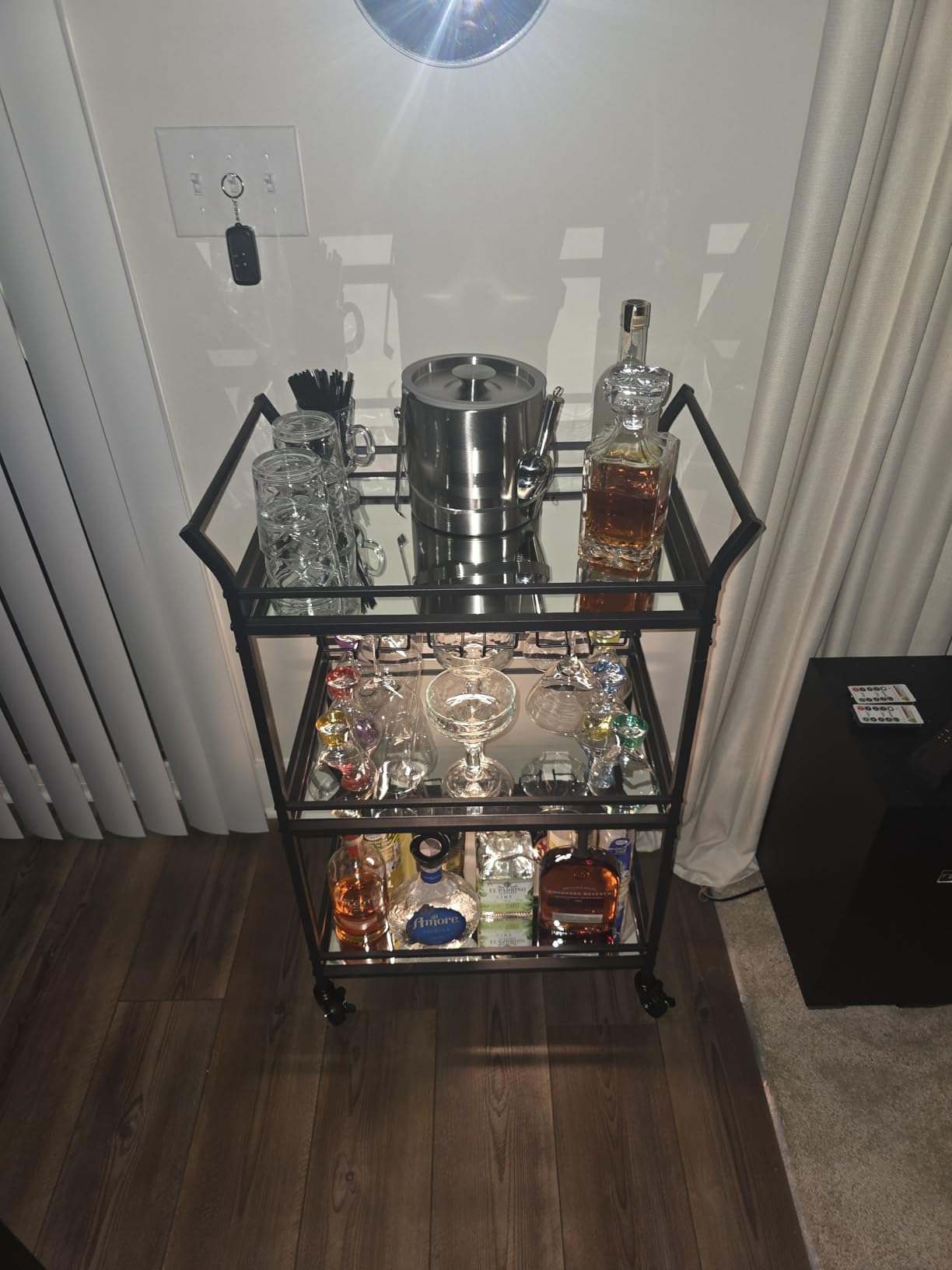 VASAGLE Bar Cart Gold, Small Home Bar Serving Cart with 3-Tier Mirrored Shelf, Wine Holders, Glass Holders, for Small Spaces, Kitchen, Gold customer photo 1