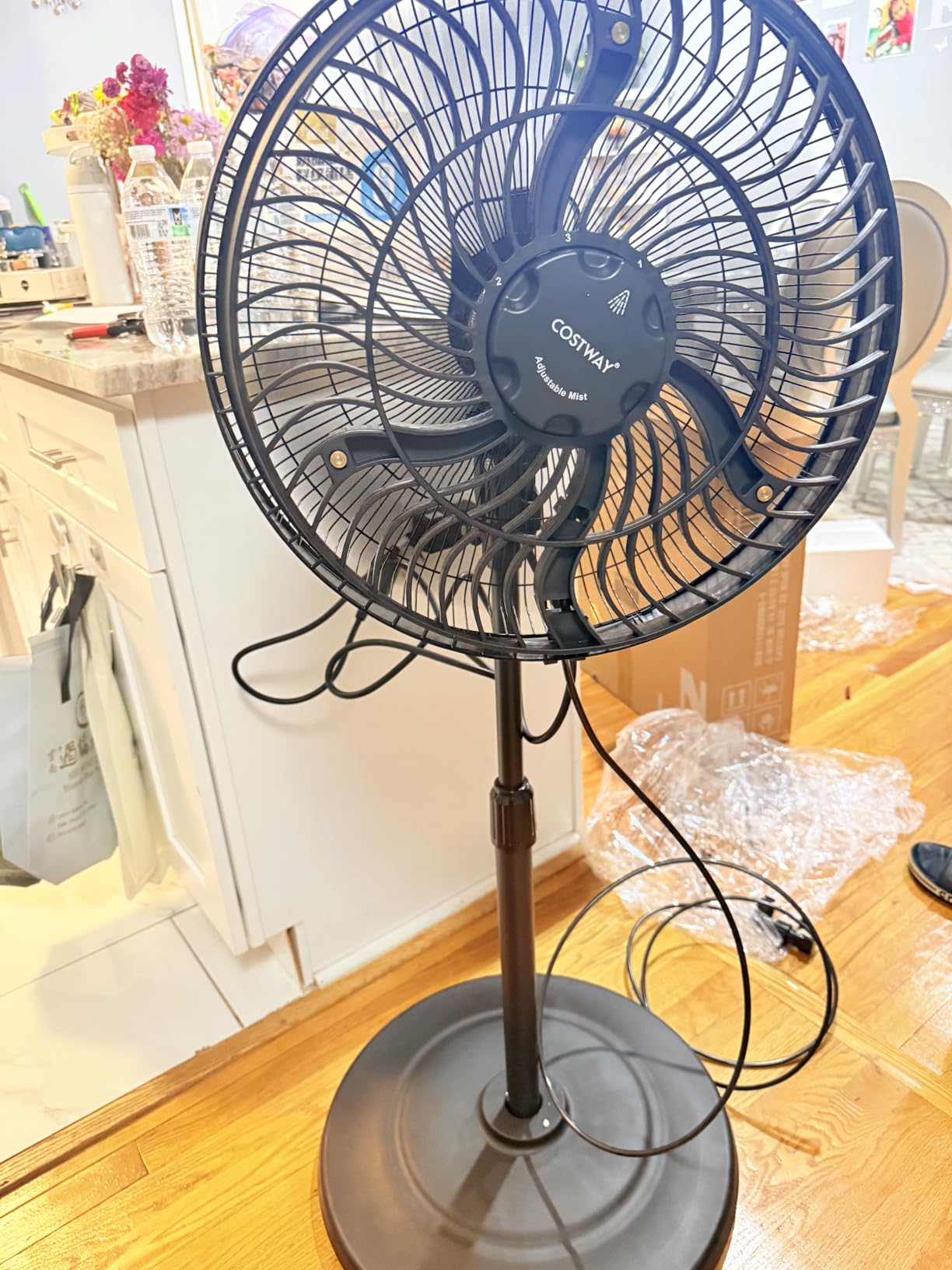 COSTWAY Outdoor Misting Fan, 16-Inch Oscillating Pedestal Fan with Adjustable Height, 3 Mist Levels, 3 Speeds, 90° Oscillation, 35° Tilt Angle, GFCI Plug, Standing Fan for Outside Patio Backyard customer photo 1